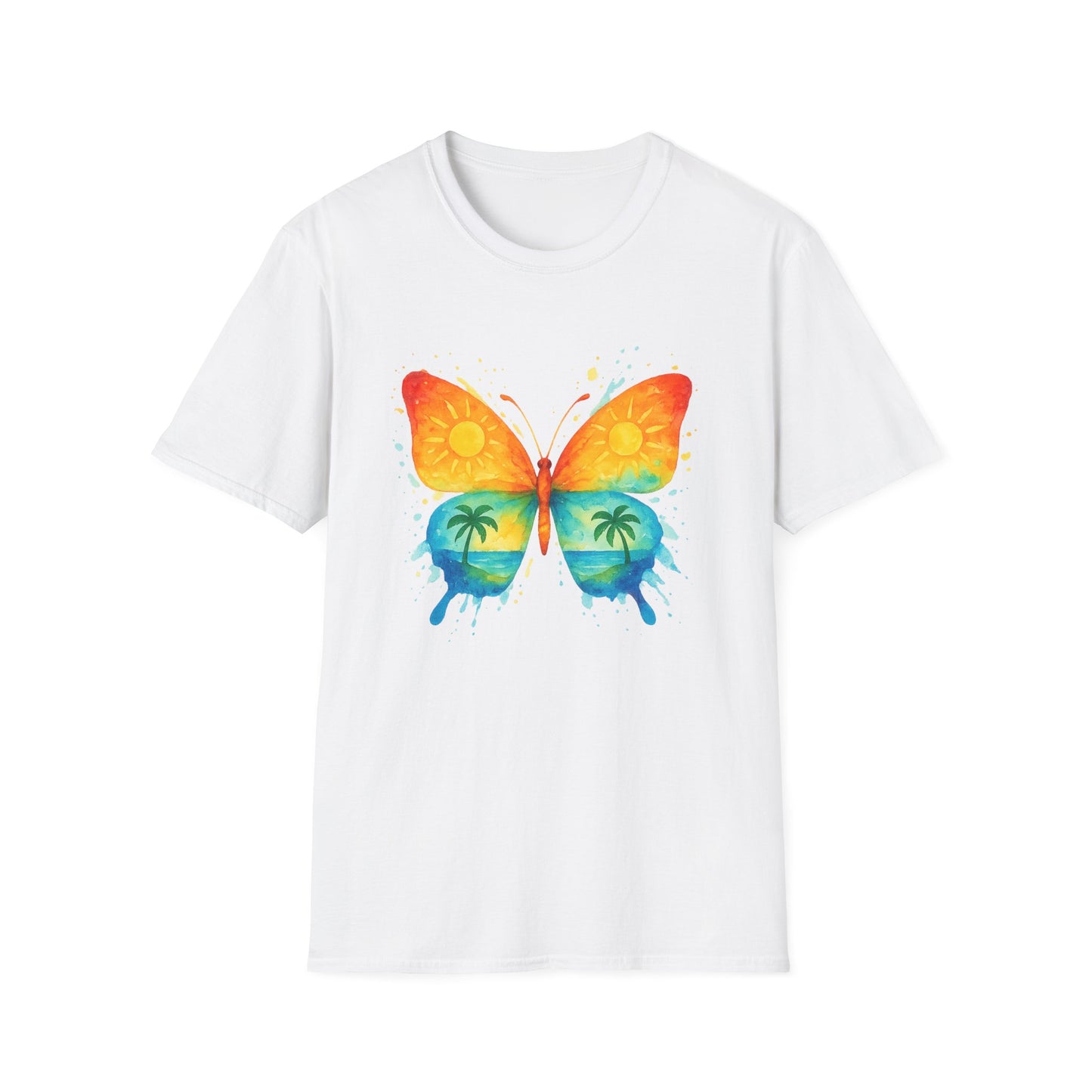 Butterfly Sunset Beach Tee - Ocean & Palm Watercolor Butterfly T-Shirt, Coastal Boho Graphic, Nature Lover Gift, Unisex Casual Tee
