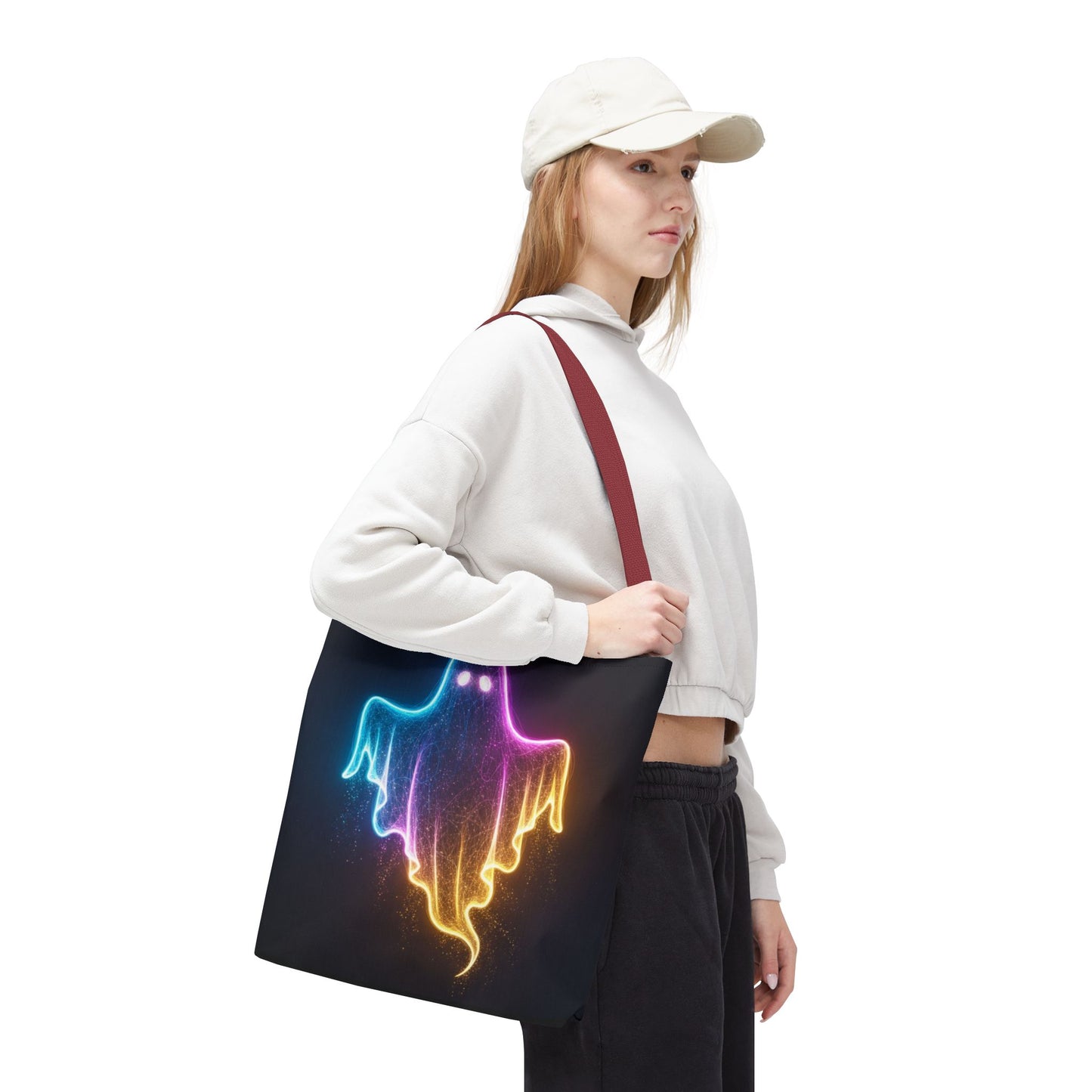 Neon Ghost Tote Bag - Bright Colorful Ghost Print Shoulder Tote, Spooky Cute Reusable Canvas Bag, Halloween Aesthetic Everyday Carry