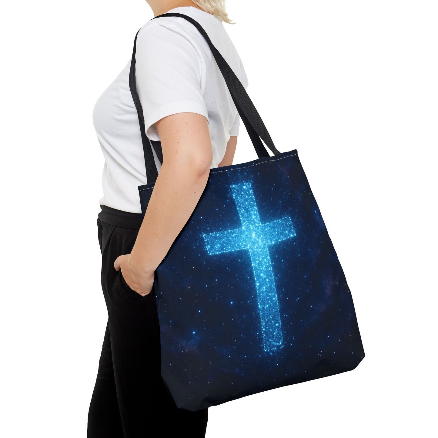Sparkling Cross Tote Bag - Inspirational Blue Cosmic Bag Christian Tote Spiritual Bag Inspirational Tote Bag
