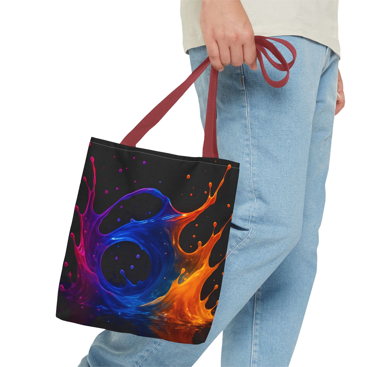 Elemental Fusion Tote Bag, Fire And Water Abstract Art Design, Vibrant Blue And Orange Splash Reusable Tote For Artists, Travel, And Everyday Use