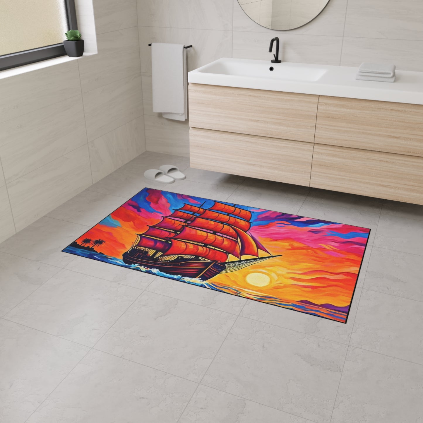 Floor Mat - Ship on Ocean at Sunset Painting