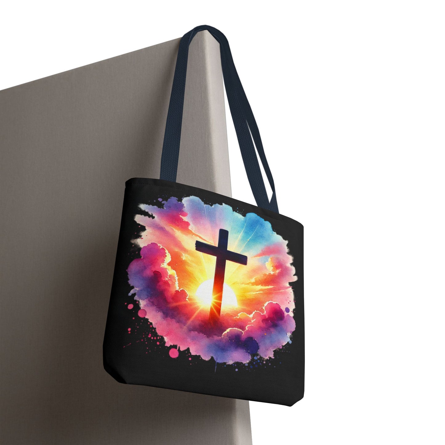 Inspirational Watercolor Sunrise Cross Tote Bag – Faith Art Canvas Tote, Christian Gift, Spiritual Aesthetic, Colorful Bible Verse Tote – Reusable Black Tote
