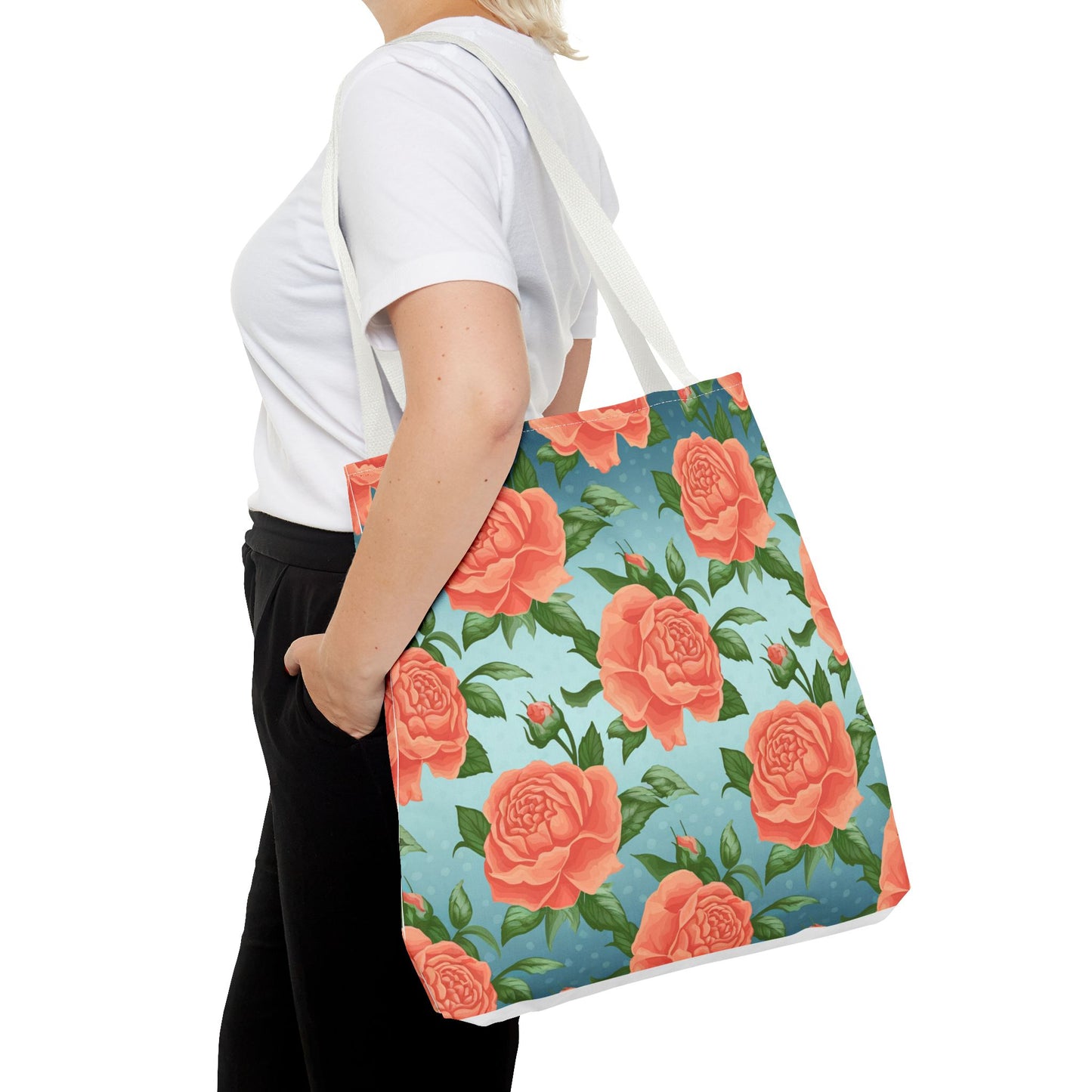 Vintage Floral Tote Bag – Coral Rose Pattern on Blue Background – Aesthetic Everyday Carry Bag – Reusable Fabric Market Tote Gift