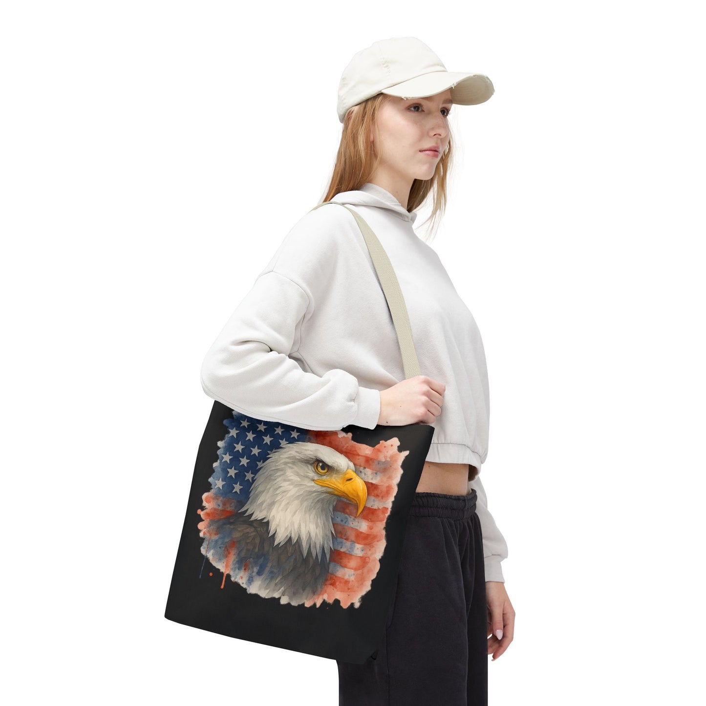 Patriotic Tote Bag with American Flag and Bald Eagle Watercolor Print 4th of July Bag Memorial Day Tote Veteran's Day Tote Bag