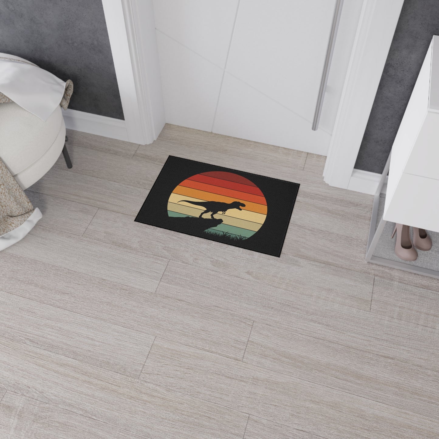Retro T-Rex Sunset Floor Mat | Heavy Duty Playroom Rug - Non-Slip Dinosaur Entrance Mat for Kids Room, Home, Nursery Decor
