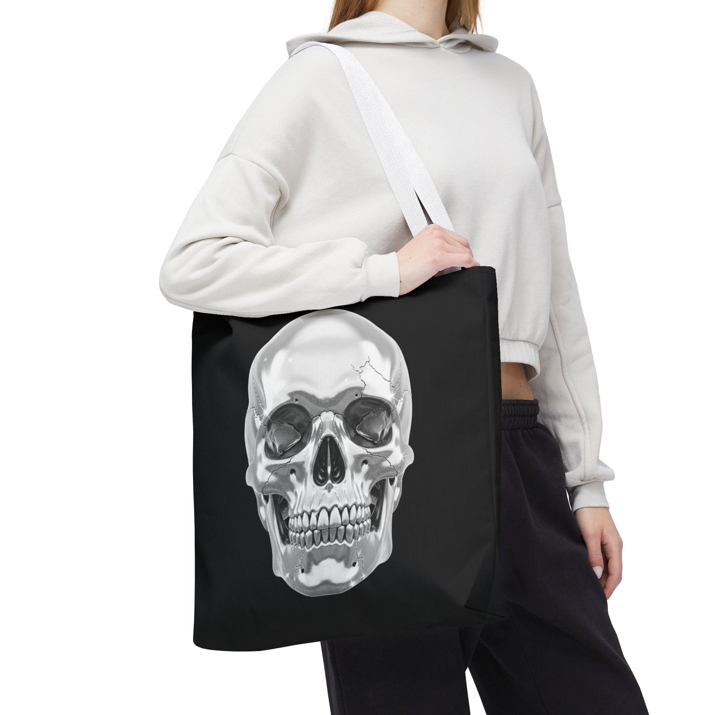 Chrome Skull Tote Bag, Gothic Halloween Canvas Tote, Metallic Skull Design Bag, Spooky Season Accessory, Skull Gift Tote For Horror Fans