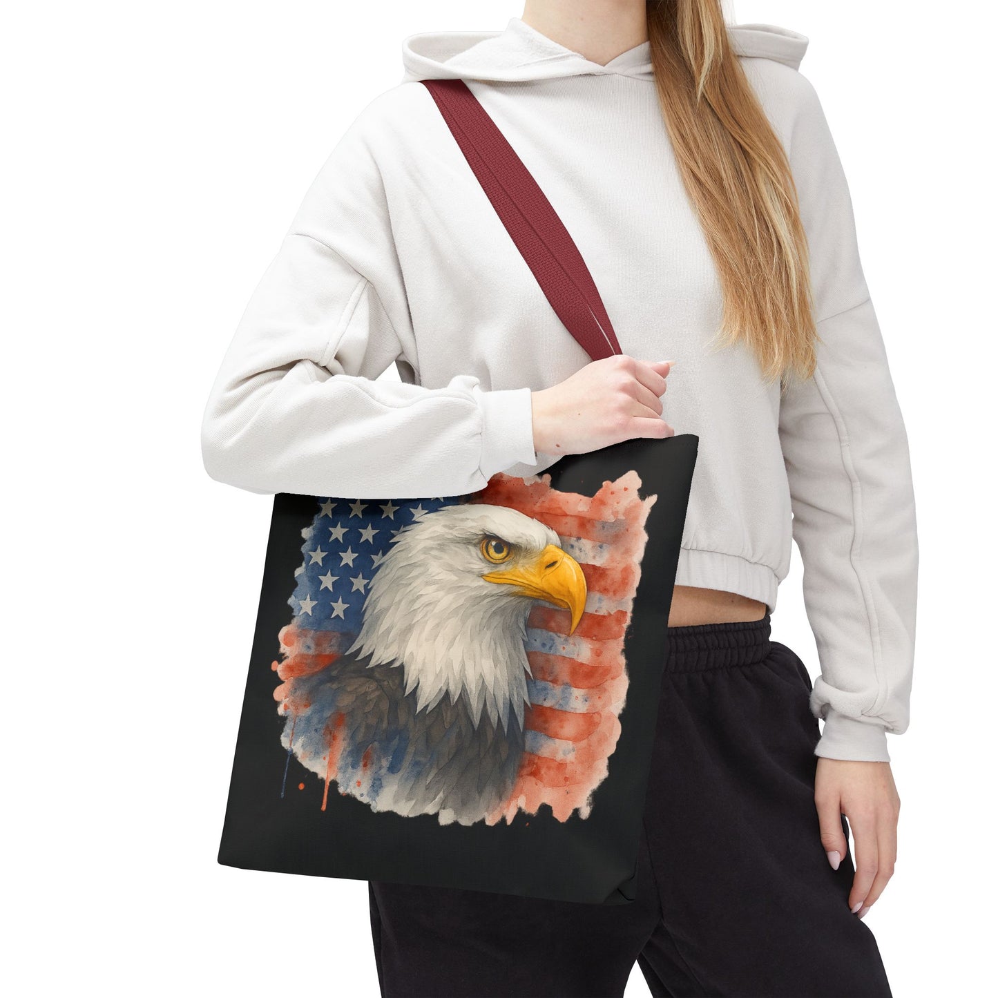 Patriotic Tote Bag with American Flag and Bald Eagle Watercolor Print 4th of July Bag Memorial Day Tote Veteran's Day Tote Bag