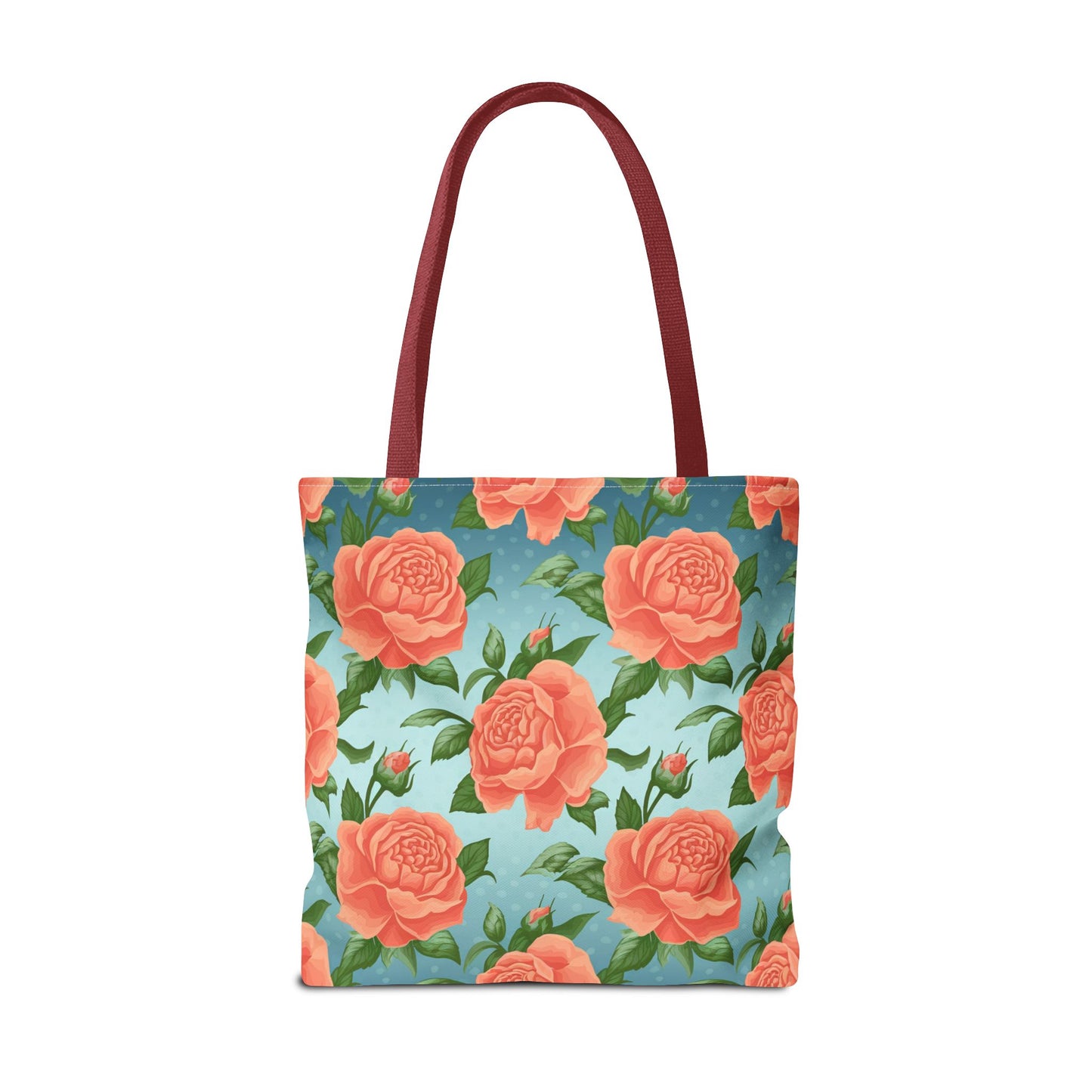 Vintage Floral Tote Bag – Coral Rose Pattern on Blue Background – Aesthetic Everyday Carry Bag – Reusable Fabric Market Tote Gift