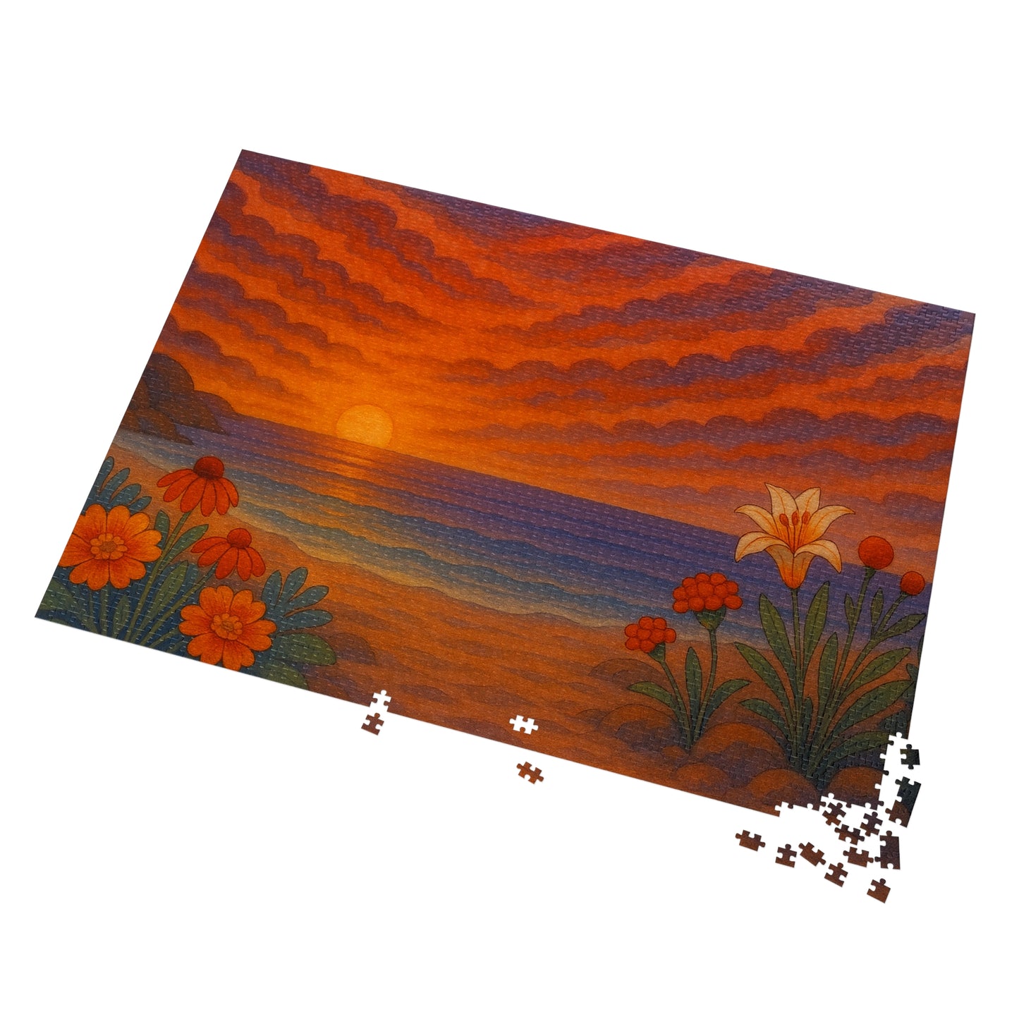 Jigsaw Puzzle: Floral Ocean Sunset Nautical Puzzle Seaside Game Family Fun Night