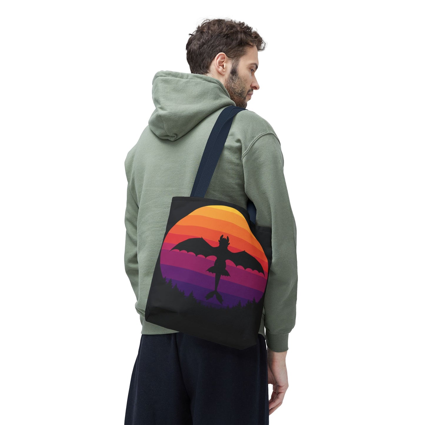 Sunset Dragon Flight Tote Bag, Reusable Eco-Friendly Shoulder Bag With Silhouette Design, Aesthetic Black Tote For Everyday Use And Gifts