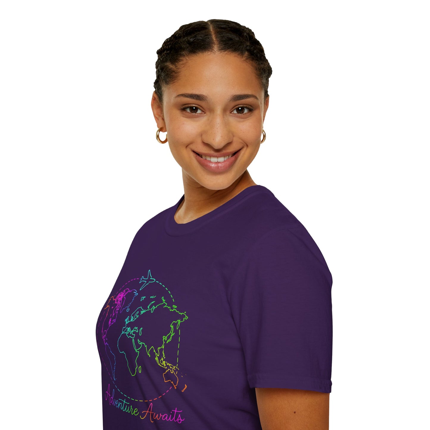 Adventure Awaits Neon Y2K Shirt - Retro Travel Tee, Rainbow Globe Graphic, Aesthetic Vacation Top, Y2K Gift for Travelers