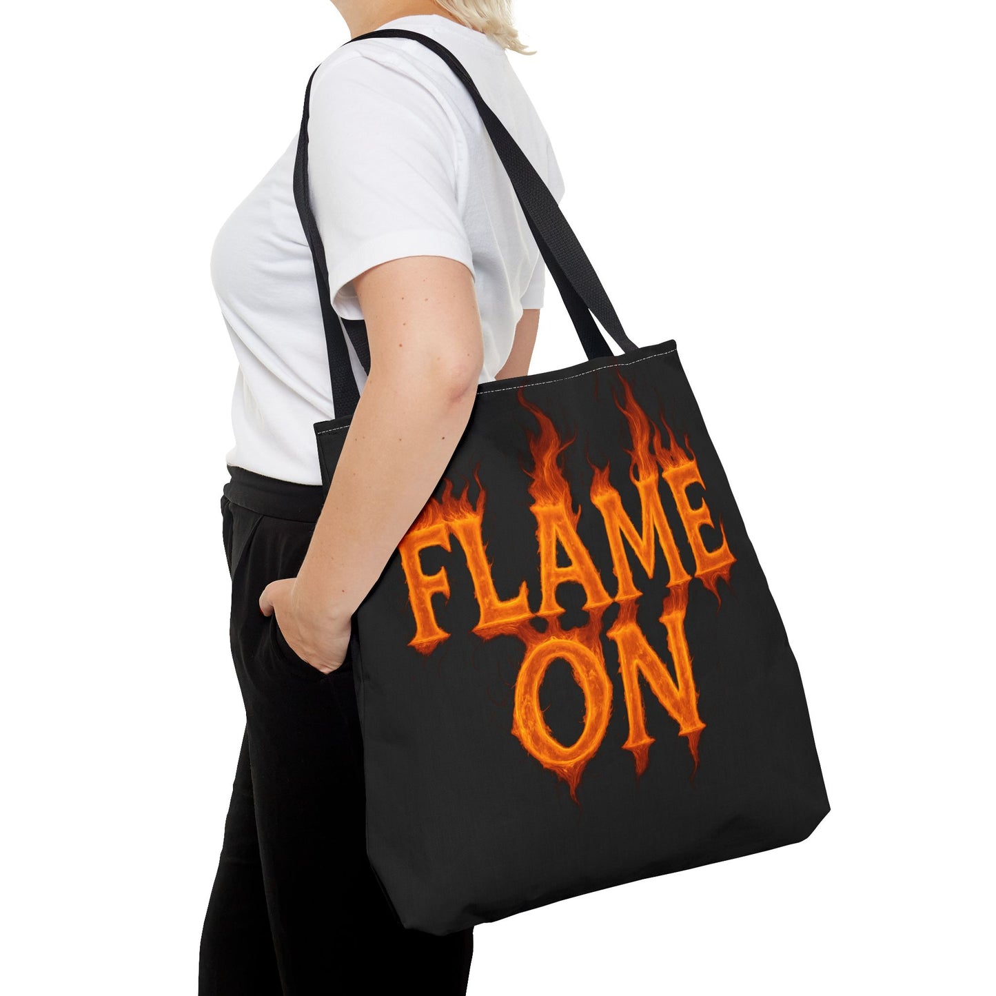 Flame On Tote Bag - Fire Typography Black Bag for Book Lovers, Gym, or Groceries | Bold Comic-Inspired Catchphrase Tote
