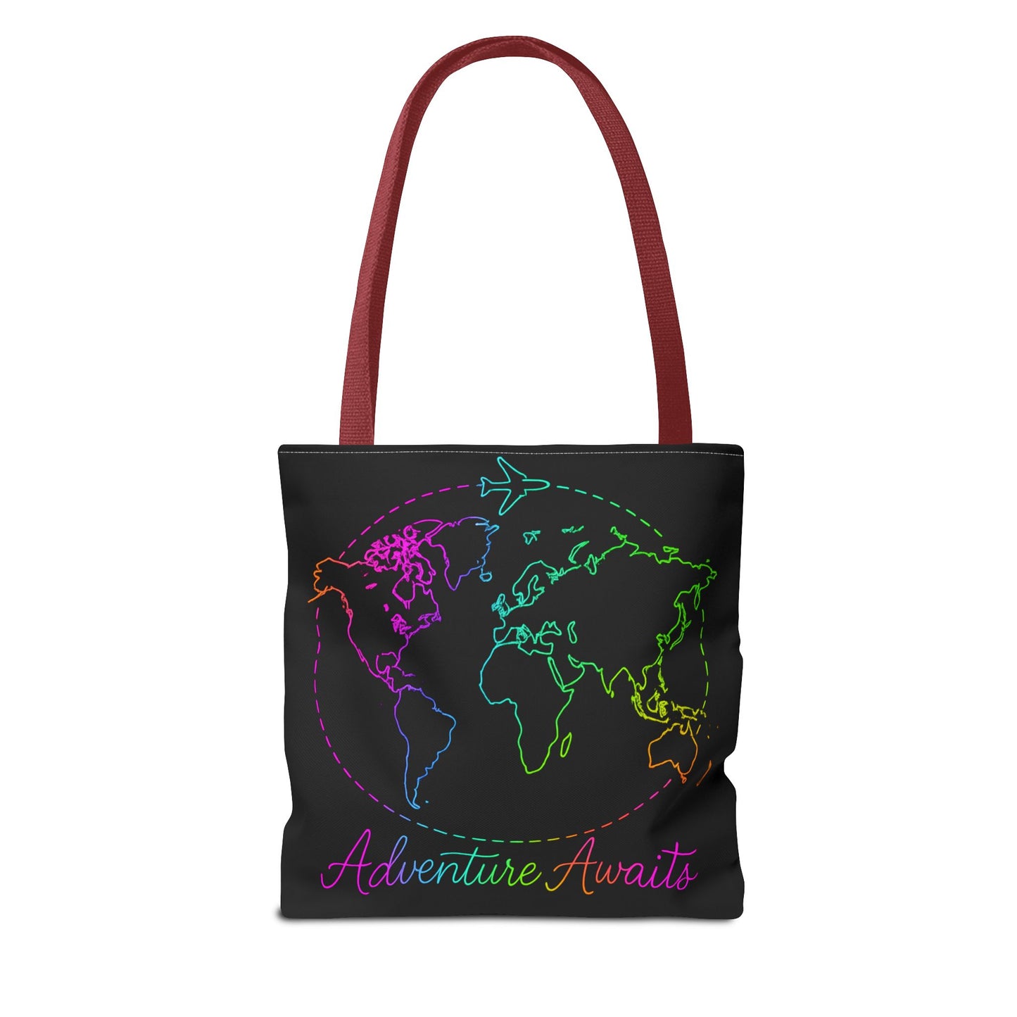 Adventure Awaits Neon Tote Bag - Y2K Rainbow World Map and Plane Travel Tote, Reusable Canvas Tote for Airport, Beach, Market + Gift