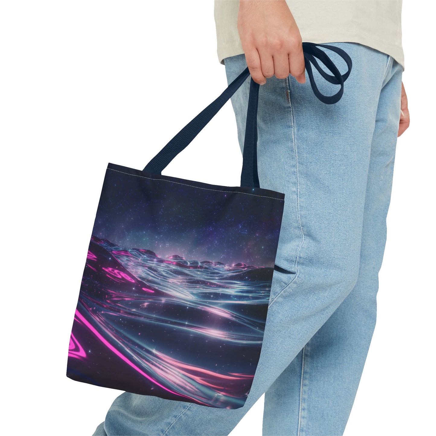 Neon Wave Horizon Tote Bag, Futuristic Ocean Design With Pink And Blue Light, Sci-Fi Aesthetic Reusable Tote For Travel, Gifts, And Everyday Use