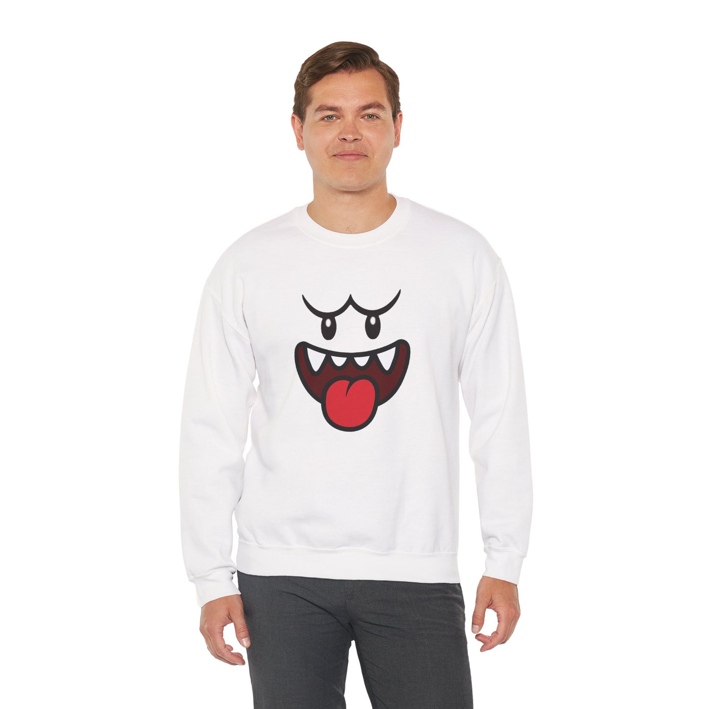 Spooky Grin Sweatshirt, Cartoon Ghost Face Crewneck, Halloween Grinning Ghost Sweatshirt, Cute Monster Smile Pullover, Spooky Season Graphic Sweat