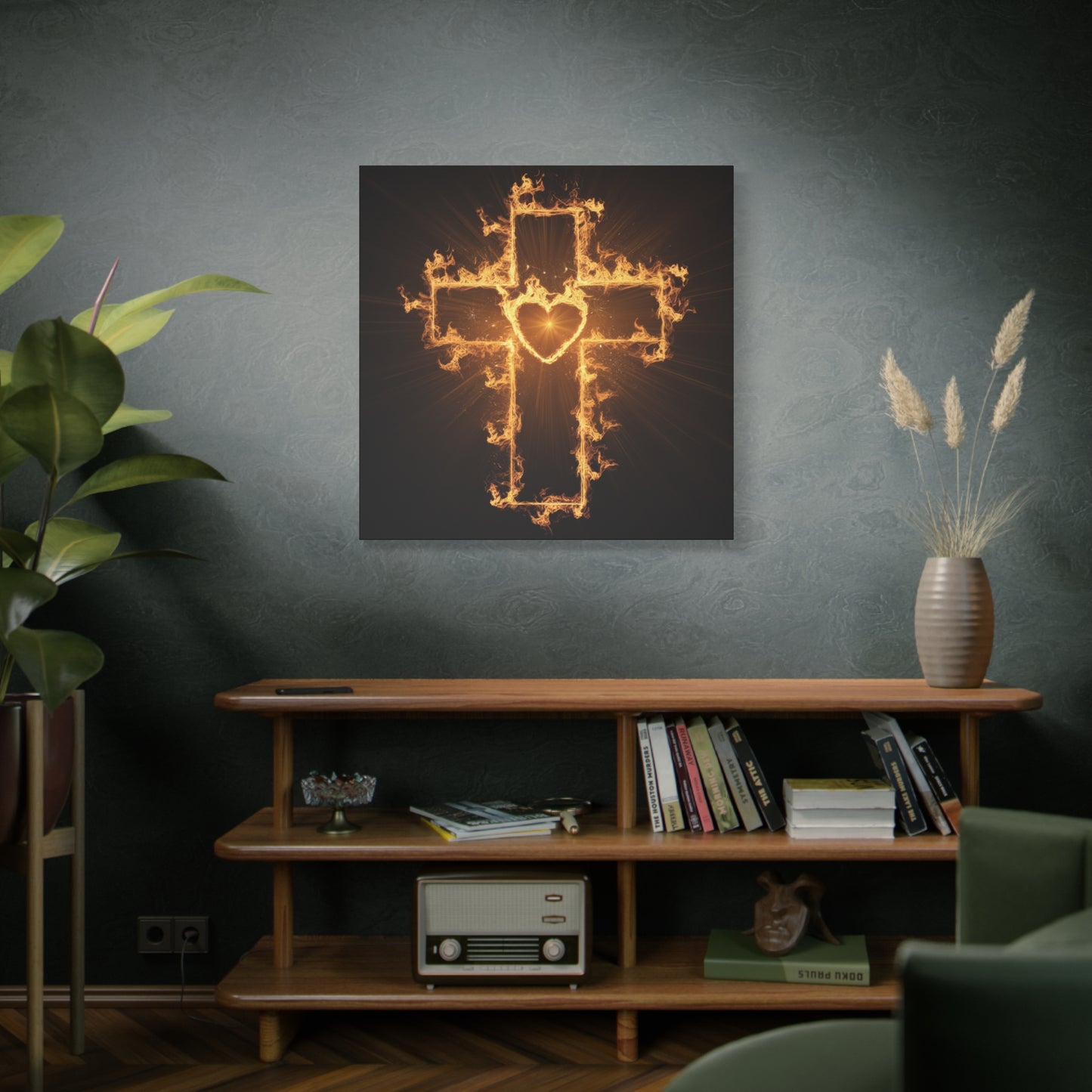 Flaming Heart and Cross Christian Wall Art Canvas