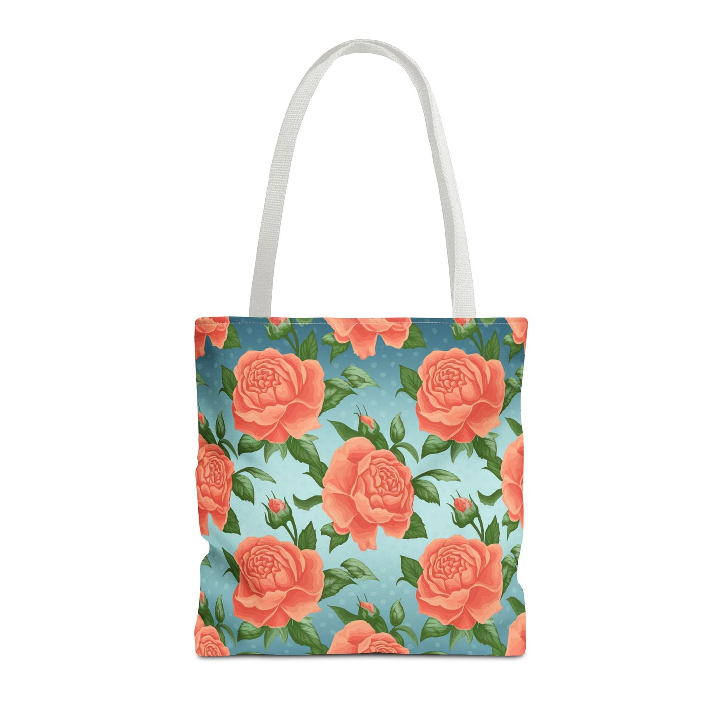 Vintage Floral Tote Bag – Coral Rose Pattern on Blue Background – Aesthetic Everyday Carry Bag – Reusable Fabric Market Tote Gift