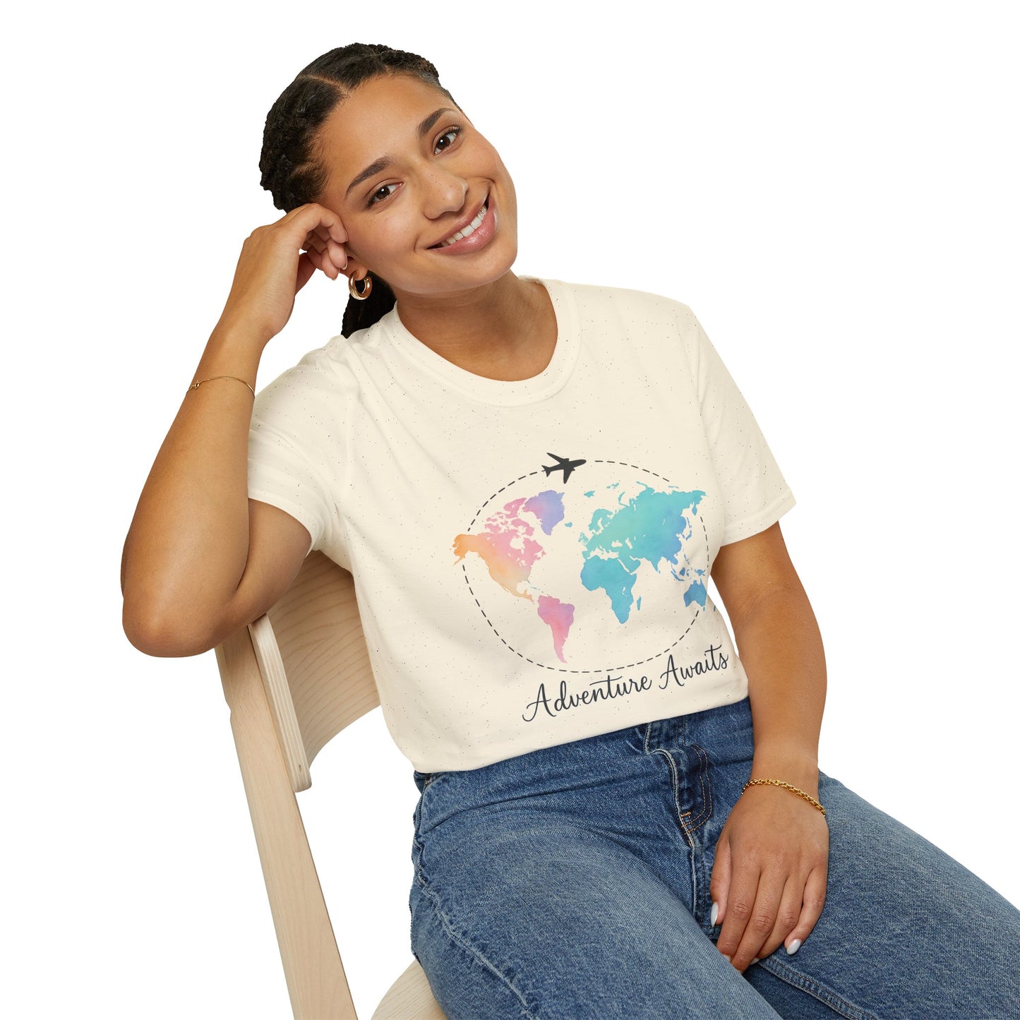 Adventure Awaits Travel Shirt | Watercolor World Map Tee for Women and Men | Wanderlust Gift for Travelers, Hikers, Campers, Beach Lovers