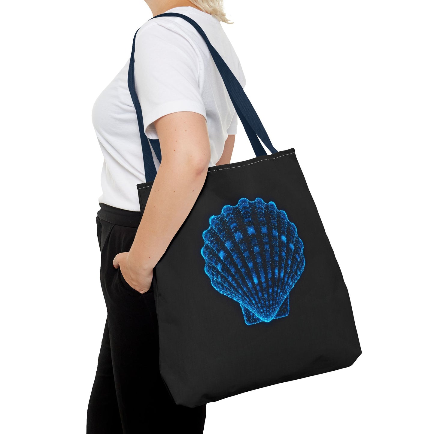 Neon Blue Shell Tote Bag – Digital Scallop Design Canvas Tote, Ocean Tech Art, Minimalist Beach Statement, Reusable Black Shopper Bag