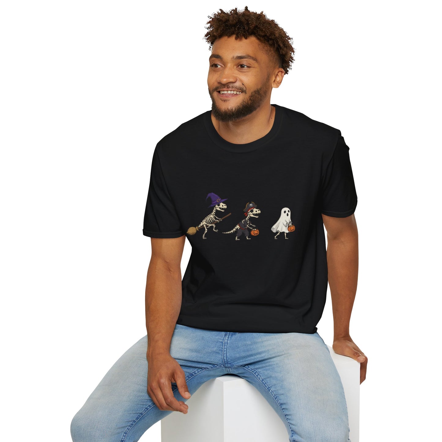 Halloween Dinosaur Skeleton Shirt - Trick-or-Treat Dino Tee, Funny T-Rex Ghost and Witch Costume Shirt, Spooky Cute Skeleton Tee, Unisex