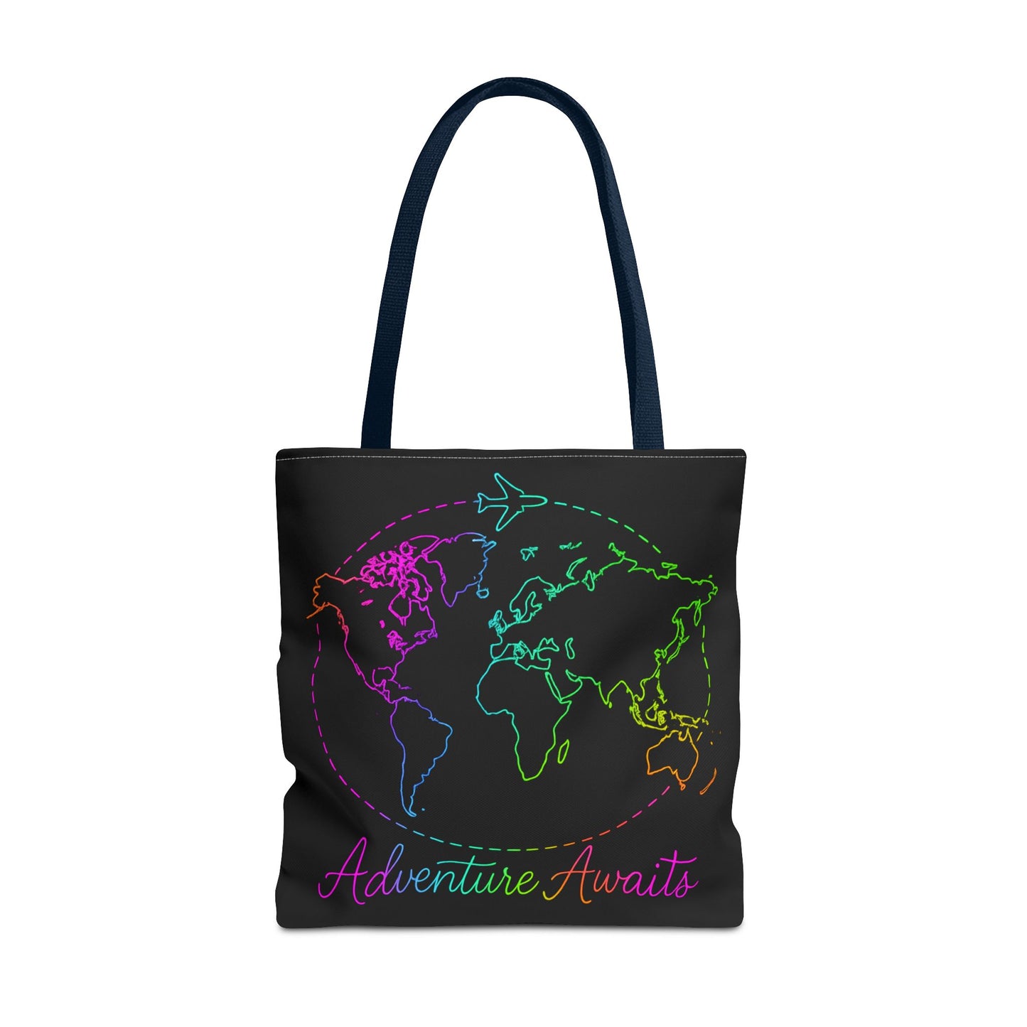 Adventure Awaits Neon Tote Bag - Y2K Rainbow World Map and Plane Travel Tote, Reusable Canvas Tote for Airport, Beach, Market + Gift