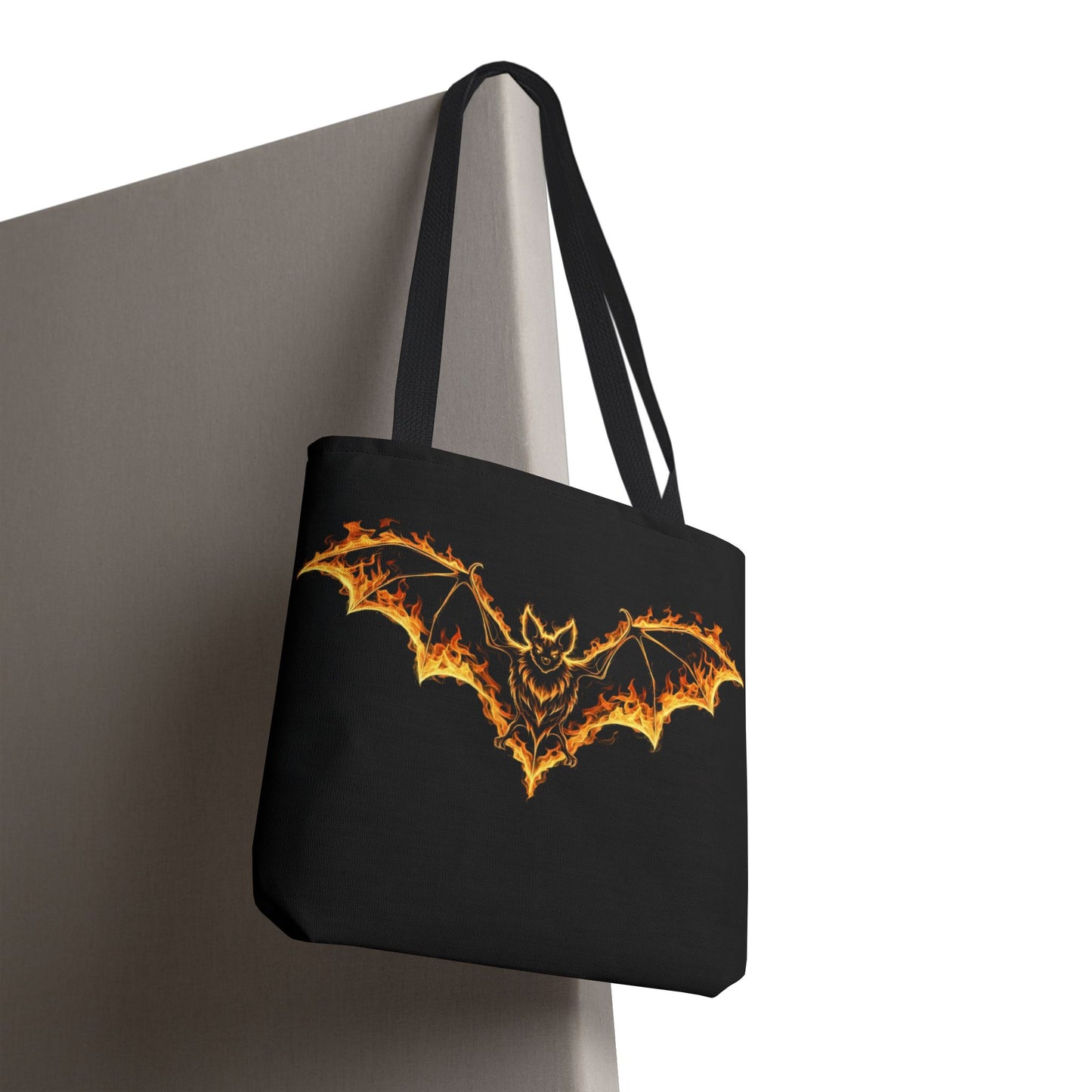 Flaming Bat Tote Bag, Gothic Halloween Canvas Tote, Fiery Wing Bat Design Tote, Spooky Season Accessory, Gothic Gift Tote