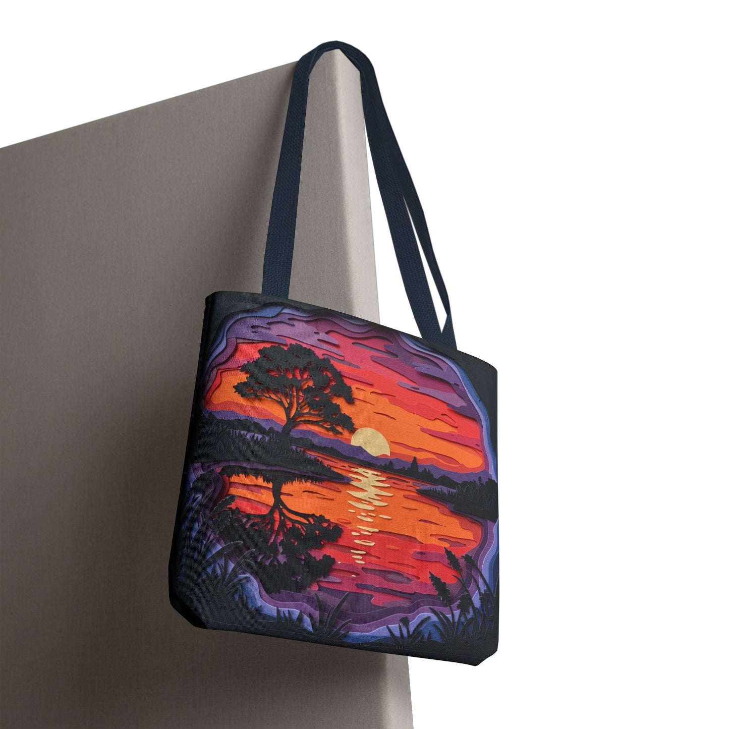 Sunset Landscape Canvas Tote Bag – Paper‑Art Inspired Nature Scene Tote – Colorful Sunset Market Tote, Eco Reusable Beach Bag, Vibrant Gift for Her