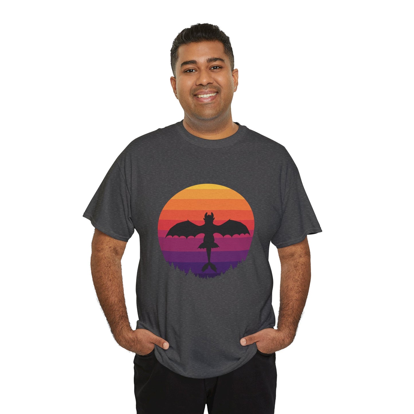 Night Dragon Sunset T-Shirt | Retro Dragon Silhouette Tee | Fantasy Dragon Shirt | Unisex Graphic Tee | Gift for Dragon Lovers
