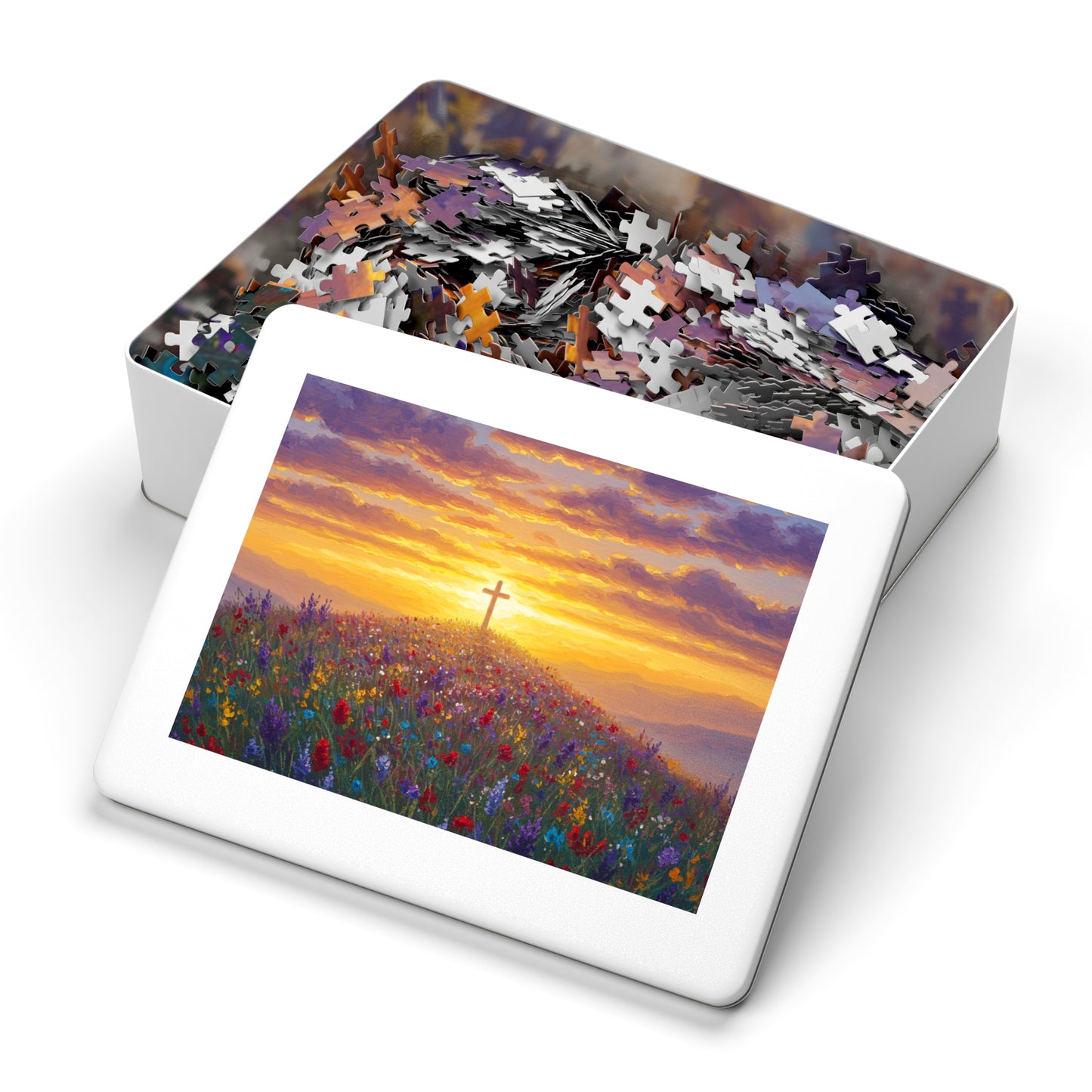 Jigsaw Puzzle: Cross on a Hill Monet Style Christian Game Cross Puzzle Inspirational Decor