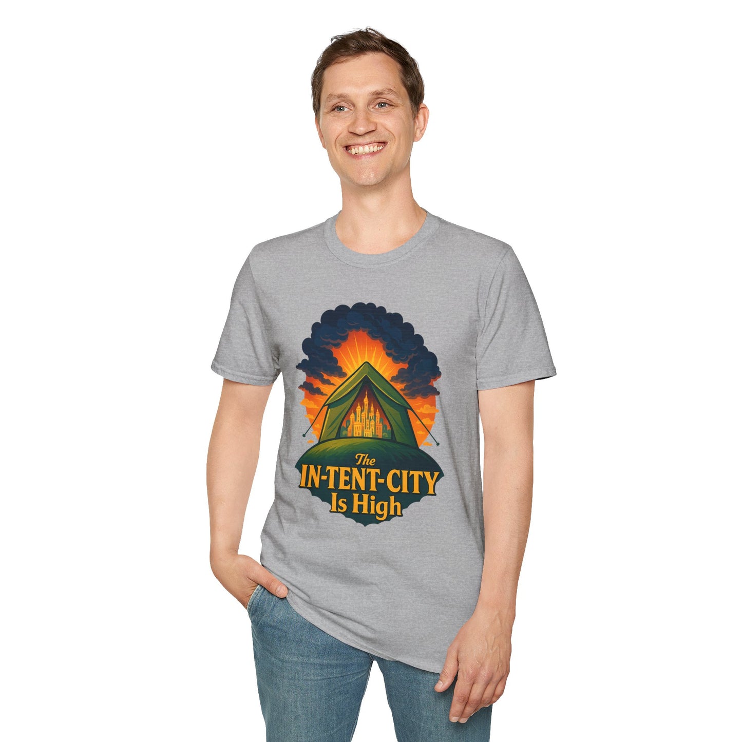 In-Tent-City Is High Camping Tee | Retro Tent Graphic T-Shirt for Hikers & Campers | Funny Outdoorsy Gift | Vintage Style Unisex Tee