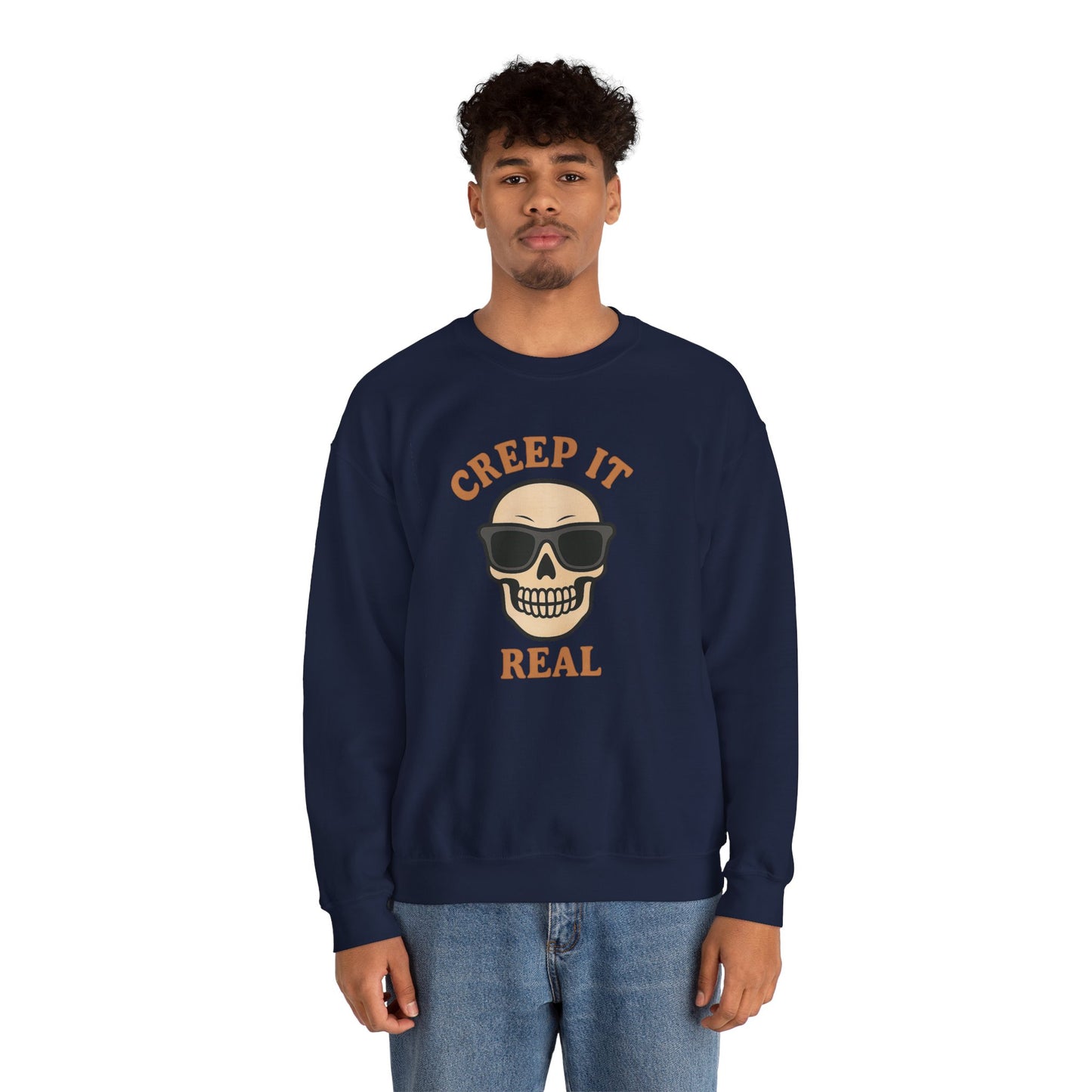 Creep It Real Skull Sweatshirt, Funny Halloween Skull Crewneck, Spooky Skeleton Pullover, Dark Graphic Sweatshirt, Unisex Halloween Gift