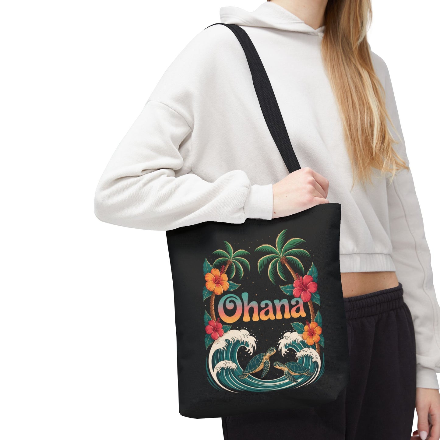Ohana Tote Bag – Hawaiian Beach Tote with Sea Turtles & Palm Trees – Floral Tropical Reusable Bag, Summer Gift, Aesthetic Travel Purse