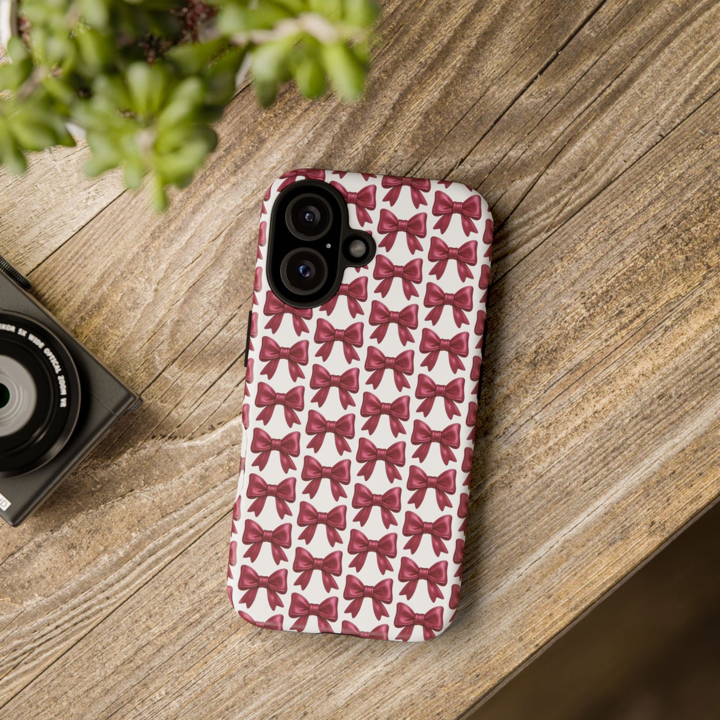 Coquette Bow iPhone Case - Burgundy Ribbon Pattern Phone Cover, Girly Aesthetic Accessory, Cute Gift for Her