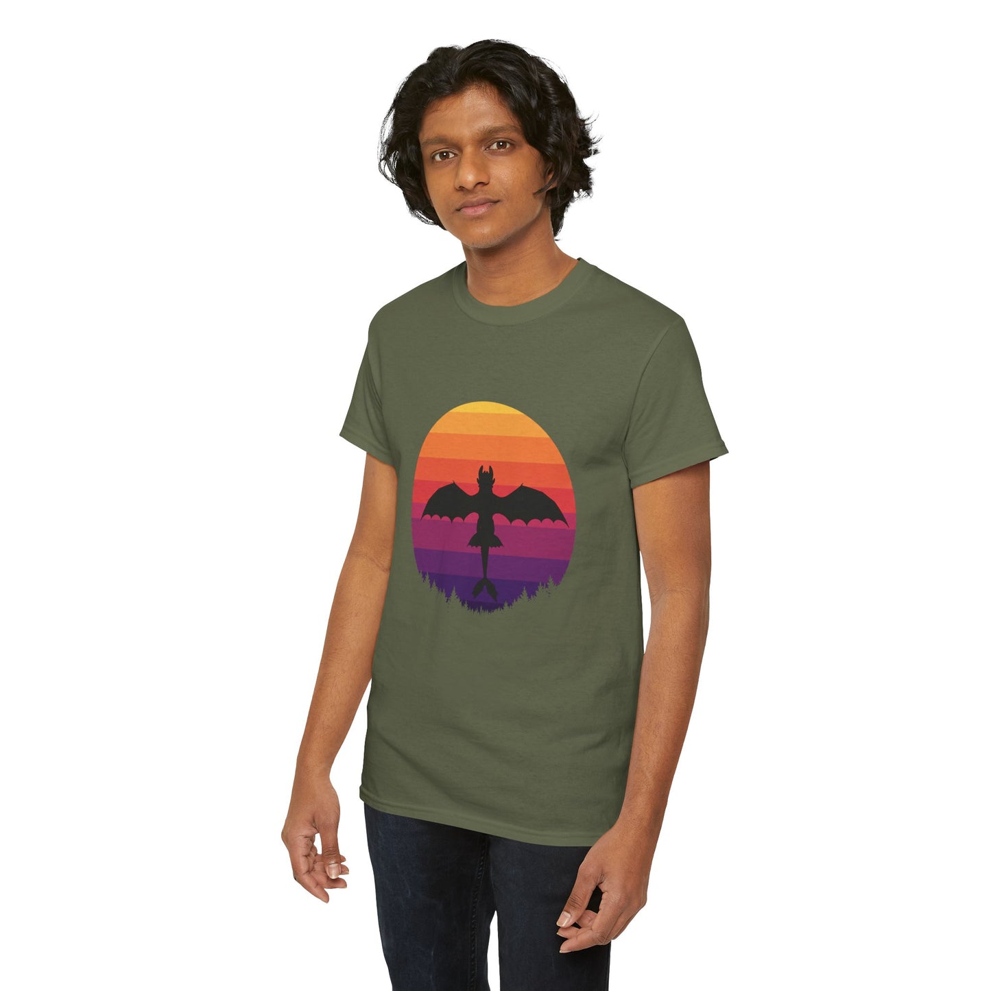 Night Dragon Sunset T-Shirt | Retro Dragon Silhouette Tee | Fantasy Dragon Shirt | Unisex Graphic Tee | Gift for Dragon Lovers
