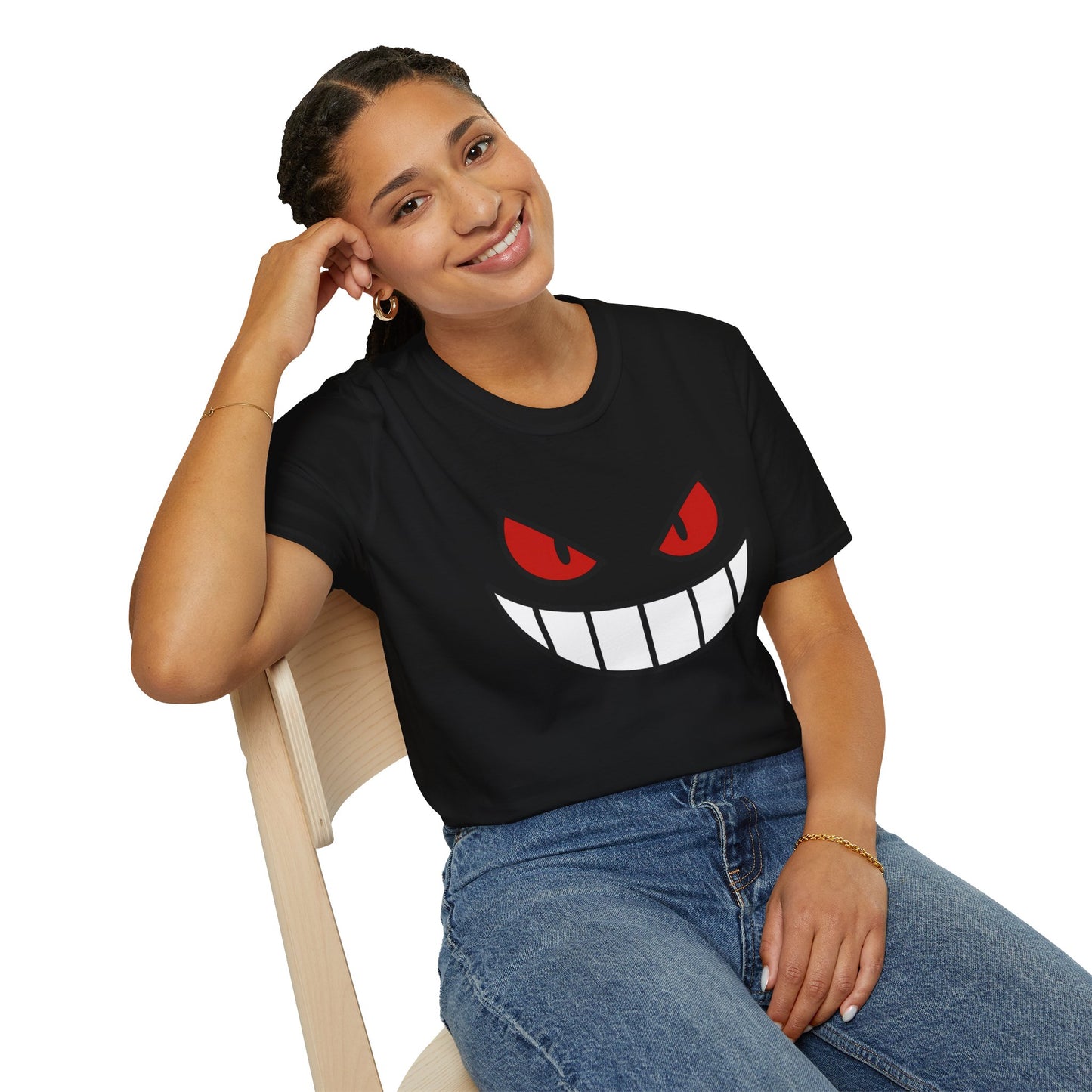 Spooky Grin Face T-Shirt - Creepy Ghost Smile Graphic Tee - Dark Humor Unisex Shirt - Anime Monster Style Funny Top