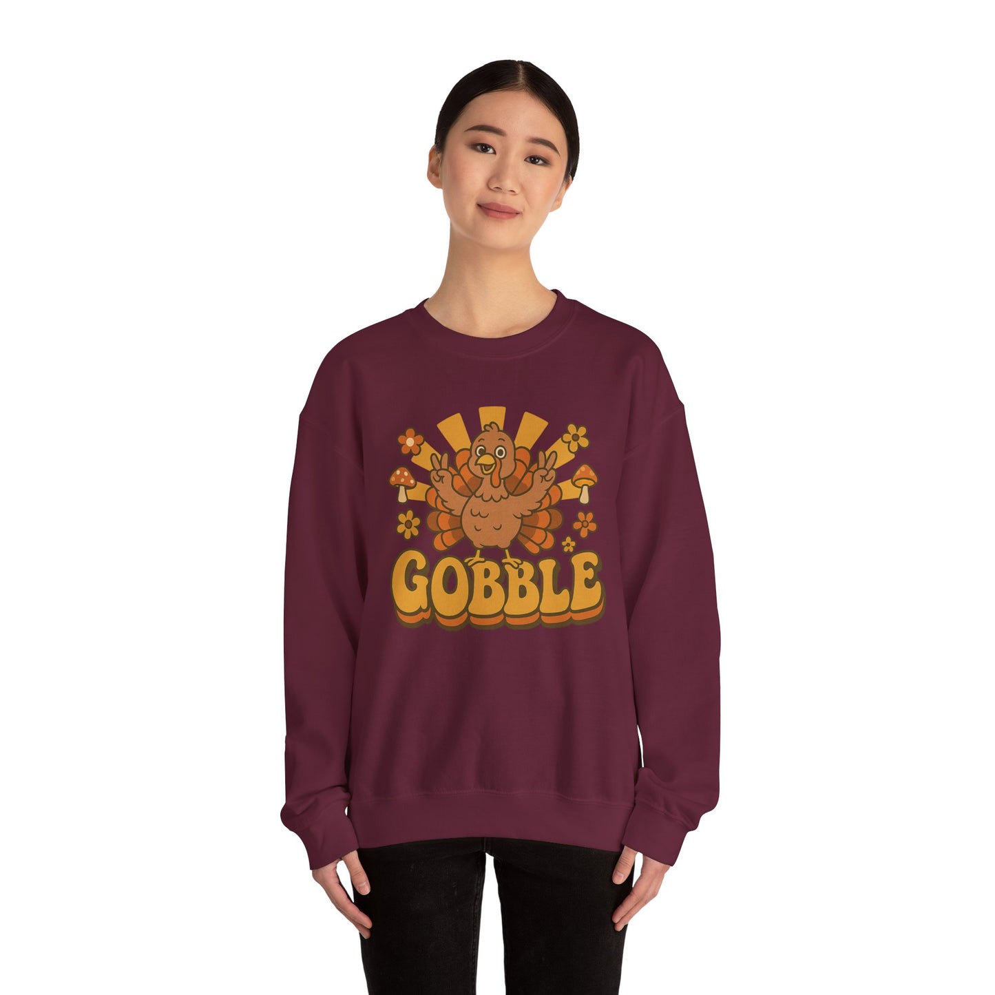 Gobble Turkey Sweatshirt, Retro Fall Turkey Crewneck, Thanksgiving Graphic Pullover, Autumn Mushroom & Flower Design, Cozy Fall Top