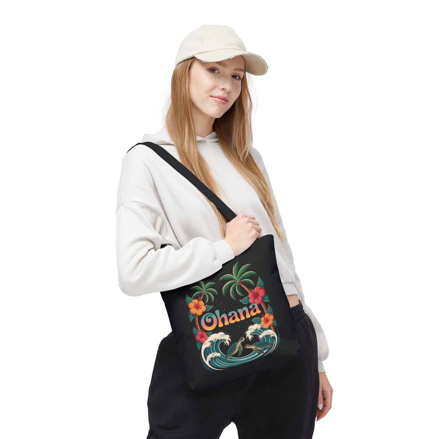 Ohana Tote Bag – Hawaiian Beach Tote with Sea Turtles & Palm Trees – Floral Tropical Reusable Bag, Summer Gift, Aesthetic Travel Purse