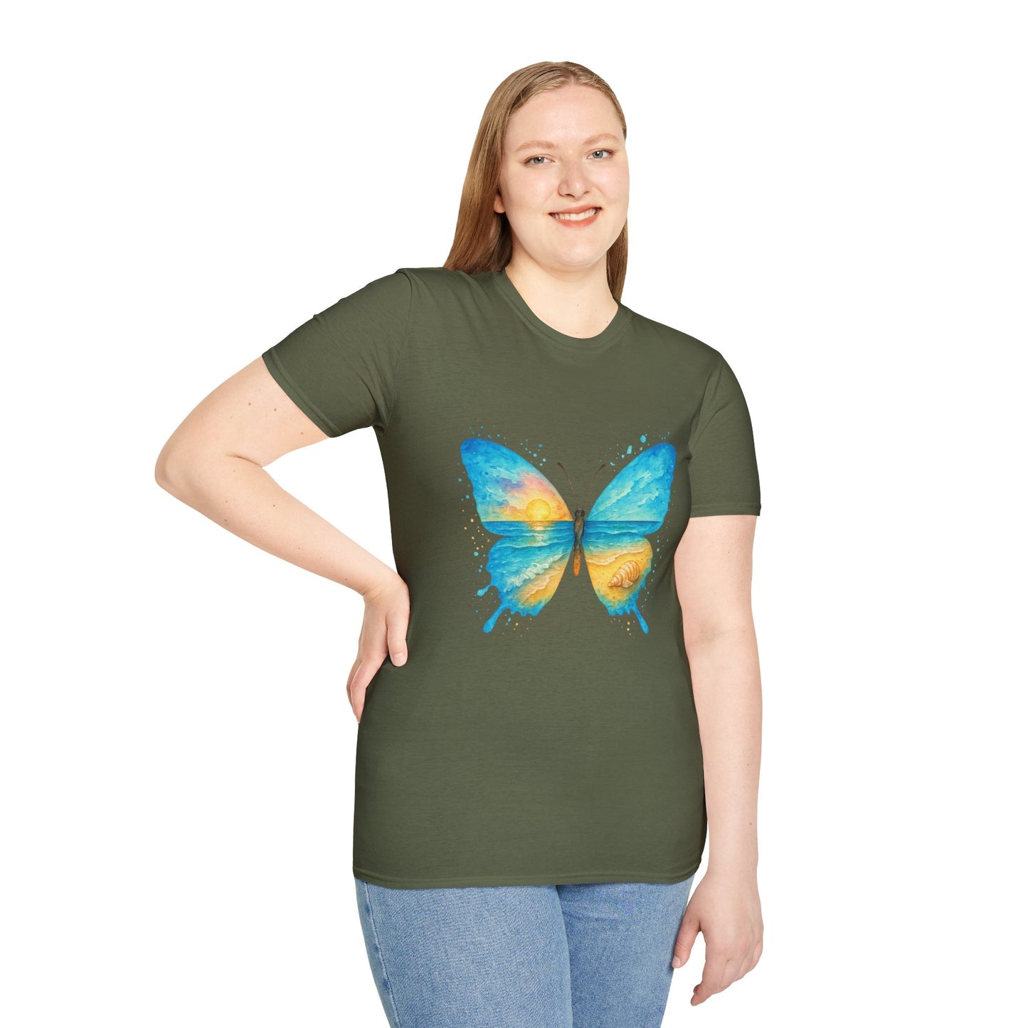 Butterfly Sunset Beach Tee - Scenic Butterfly Graphic Shirt, Nature Lover Gift, Boho Ocean Tee, Unisex Casual T-Shirt