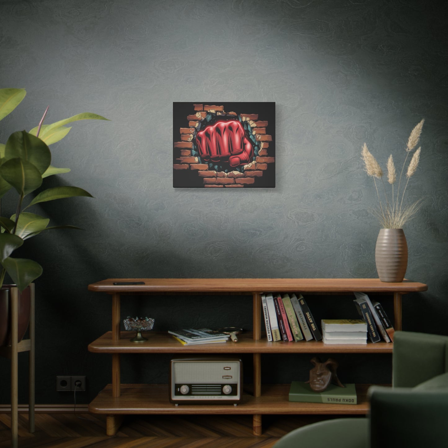 Canvas Wall Art - Red Fist Smashing Through Wall