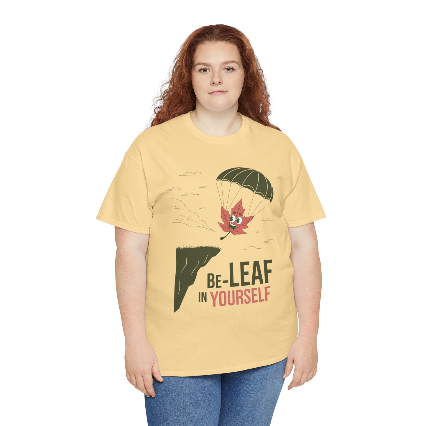Be-Leaf In Yourself Maple Leaf Parachute T-Shirt | Funny Motivational Nature Graphic Tee | Self-Love Fall Autumn Shirt | Outdoorsy Gift