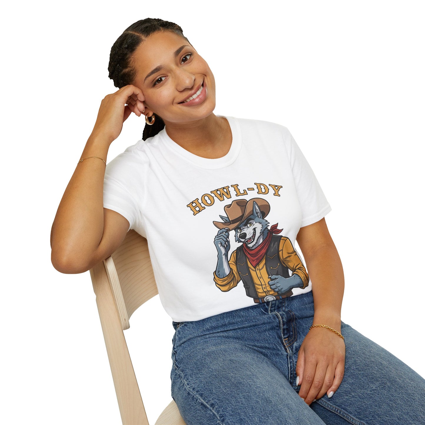 Howl-dy Partner Wolf Cowboy T-Shirt | Western Howling Wolf Graphic Tee, Funny Animal Shirt, Cowboy Gifts, Rustic Country Tee