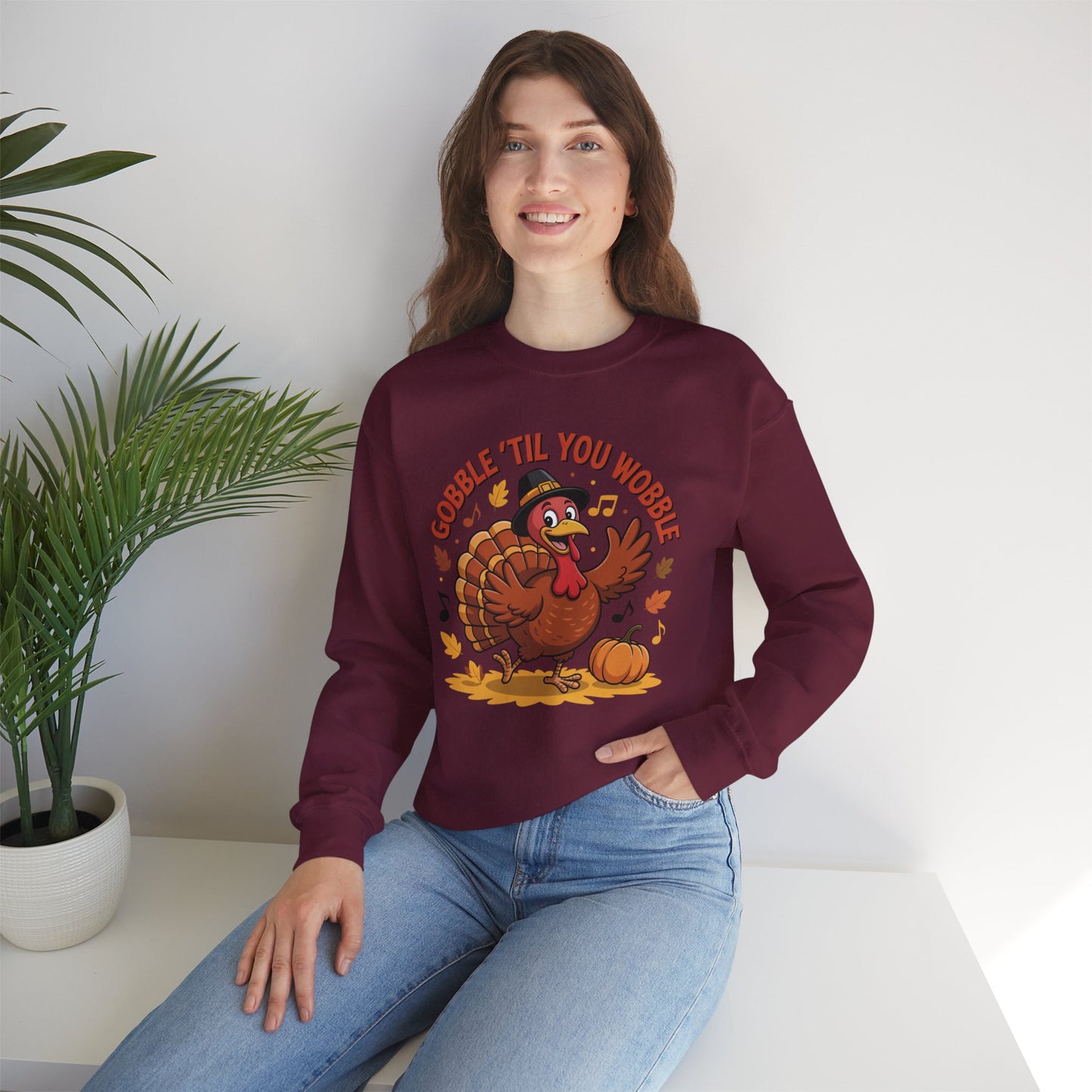 Gobble Til You Wobble Sweatshirt, Funny Cartoon Turkey Thanksgiving Crewneck, Dancing Turkey Fall Pullover, Cozy Friendsgiving Holiday Top