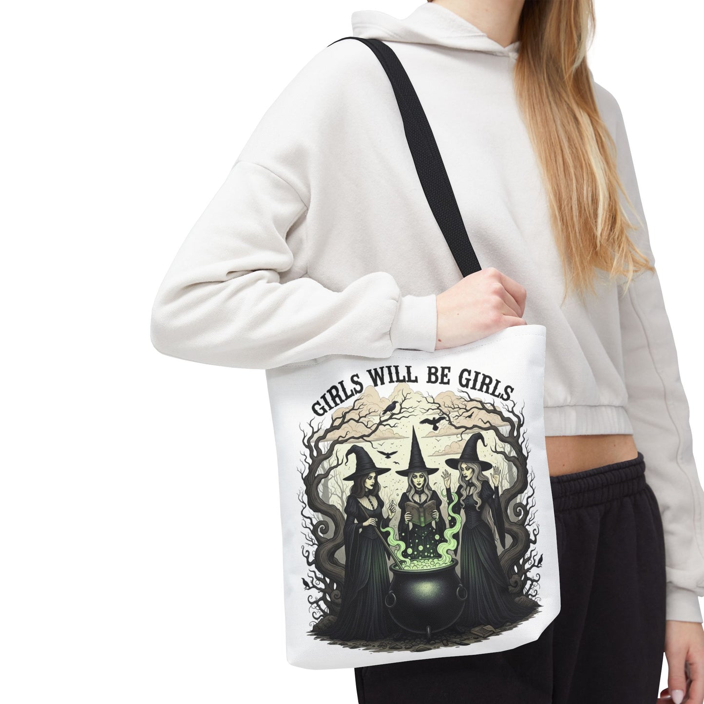 Girls Will Be Girls Halloween Tote Bag, Witchy Aesthetic Bag, Gothic Witches Cauldron Art, Spooky Gift, Reusable Eco Tote For Halloween Lovers