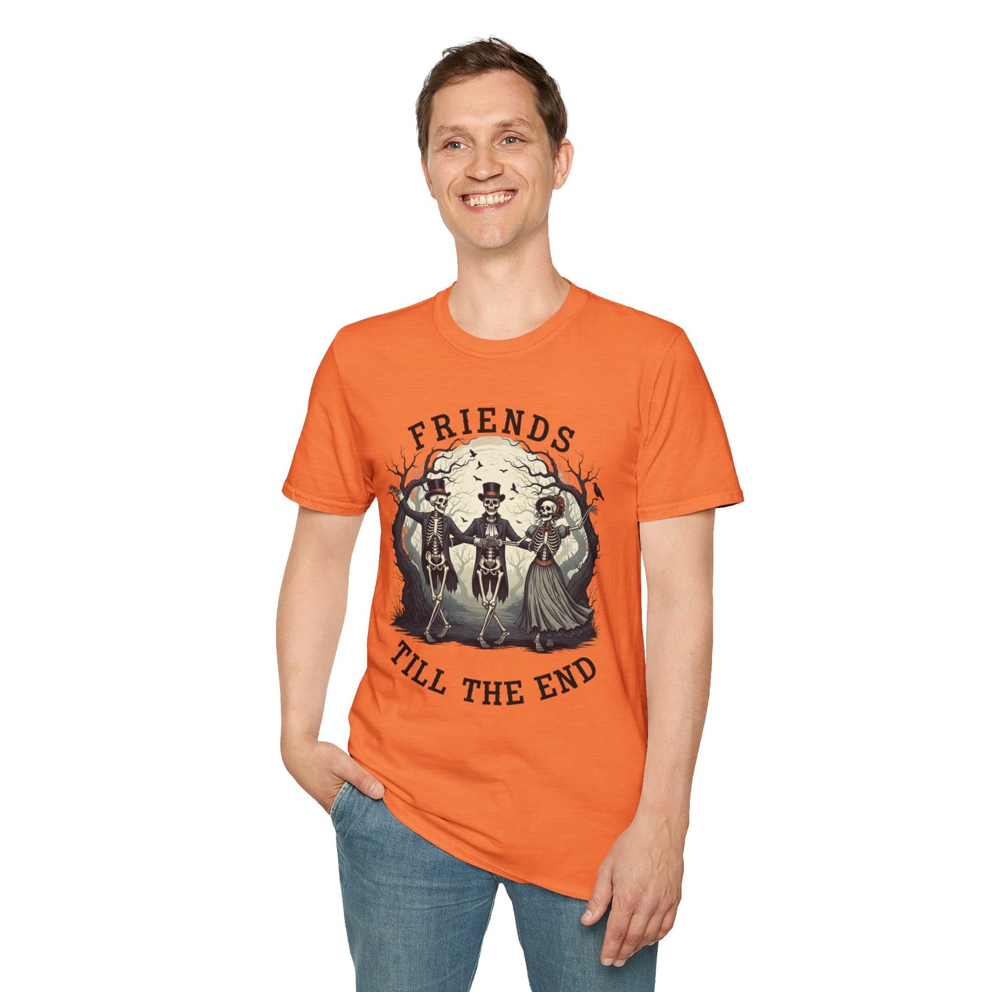 Friends Till The End Skeleton Tee | Dancing Skeleton Friends Shirt | Halloween Gothic BFF Gift | Unisex Heather Grey Graphic T-Shirt