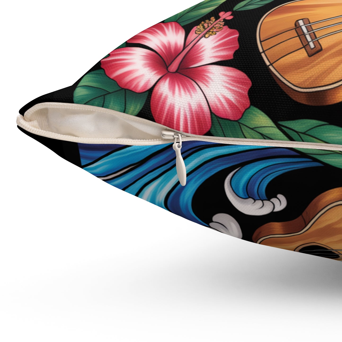 Ohana Throw Pillow – Hawaiian Sunset Cushion with Ukulele & Tropical Flowers, Aloha Decor, Beach House Accent, Family Gift, Island Living