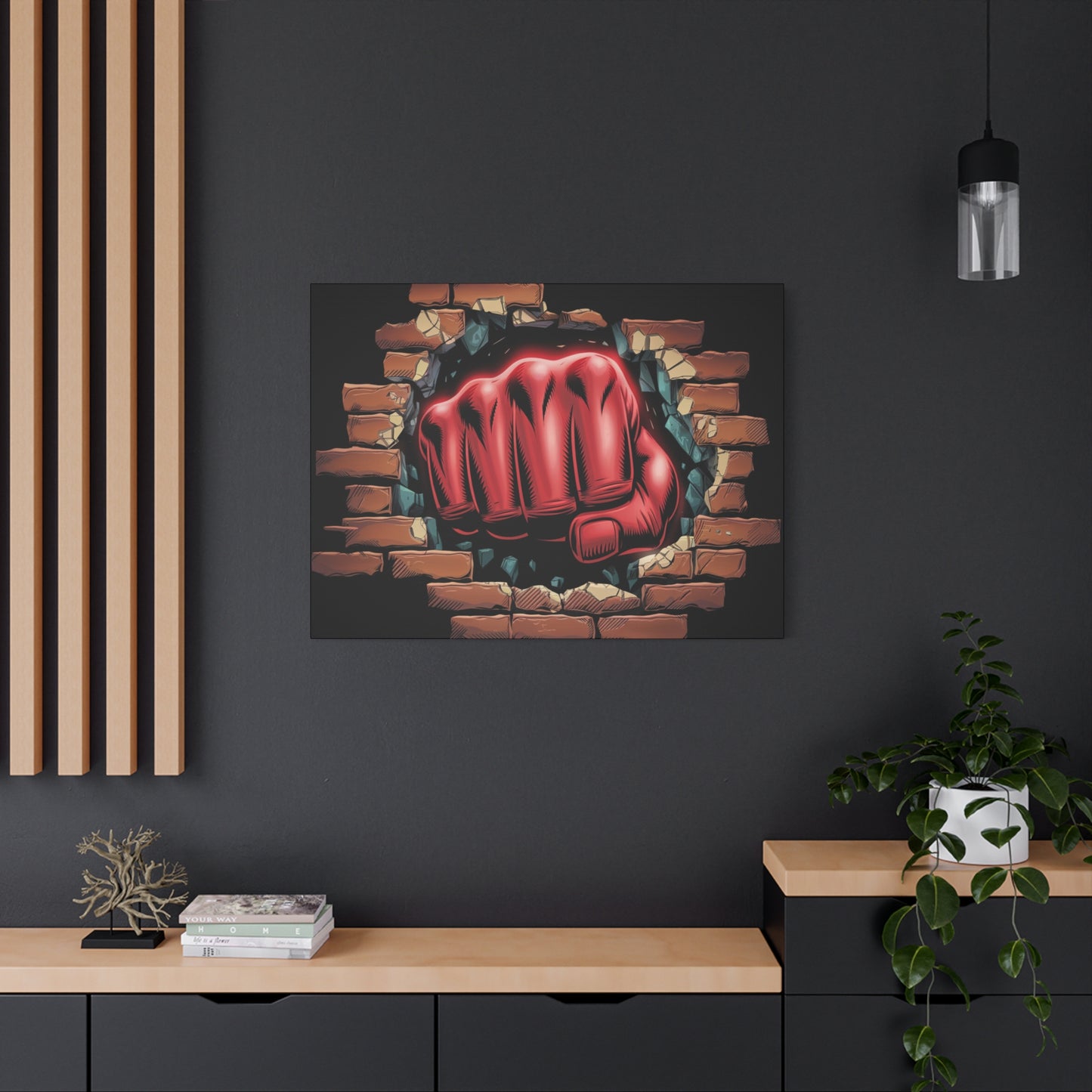 Canvas Wall Art - Red Fist Smashing Through Wall