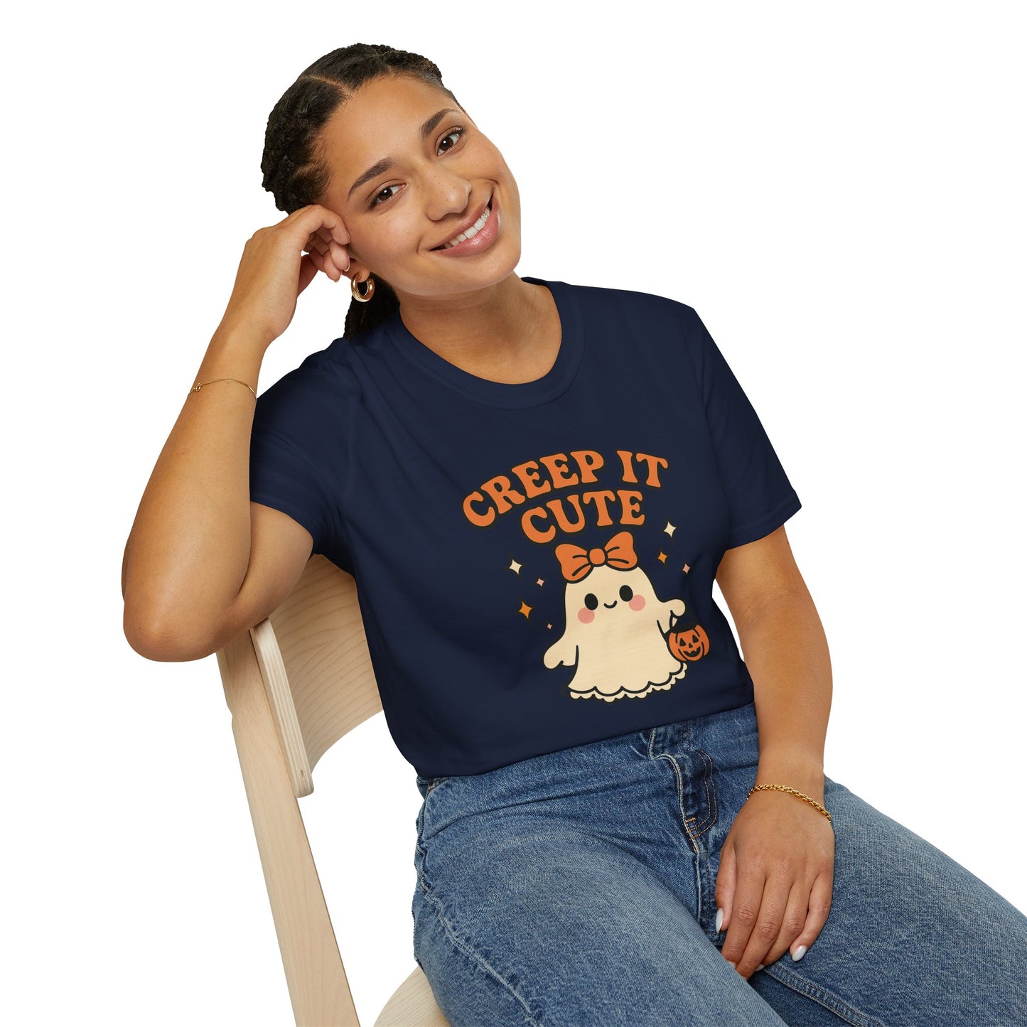 Creep It Cute Ghost Halloween Shirt - Kawaii Ghost Tee with Bow and Pumpkin, Spooky-Cute Fall Graphic T-Shirt, Spooky Season Halloween Top