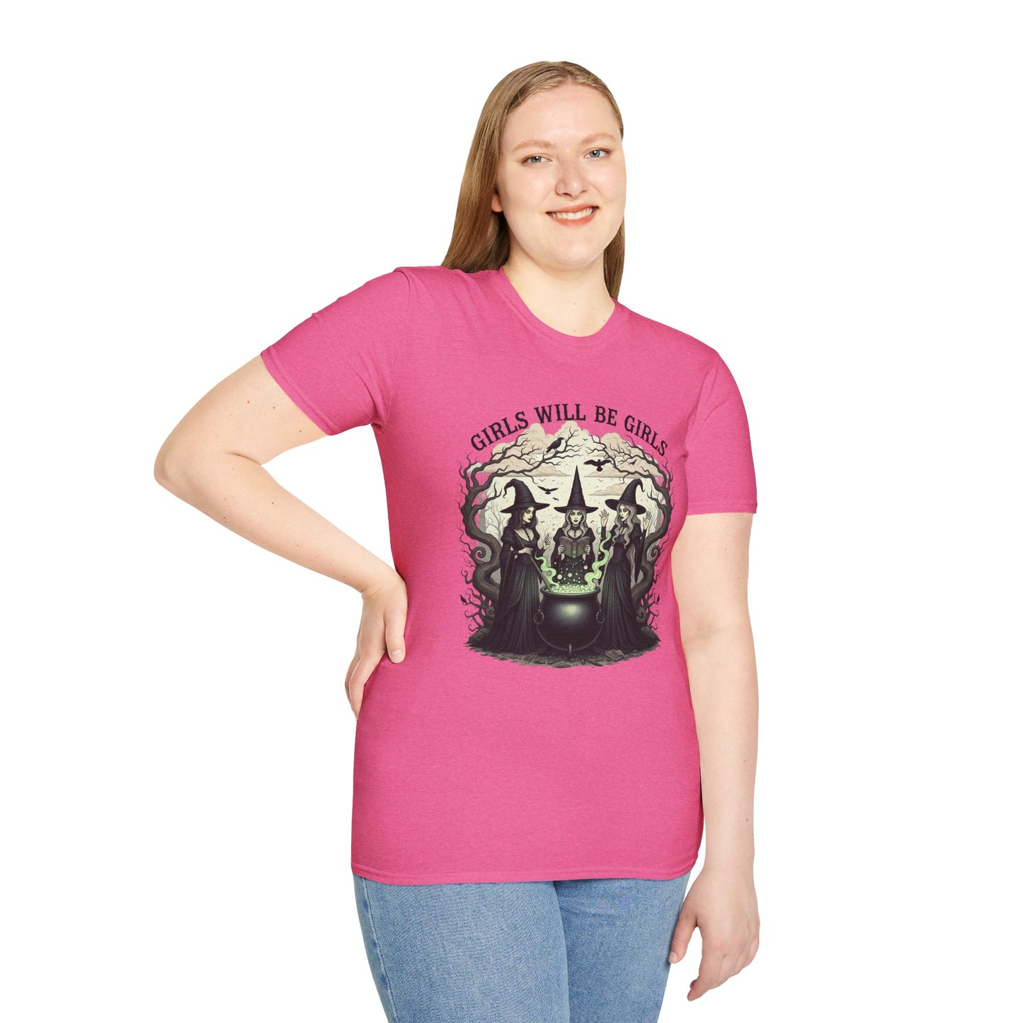 Girls Will Be Girls Witch Tee - Witches Brewing Cauldron Shirt - Halloween Witchy Vintage Feminist Spooky Gift for Women