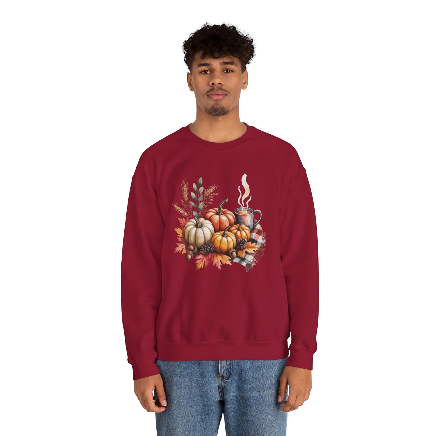 Fall Pumpkin Sweatshirt, Cozy Autumn Crewneck, Thanksgiving Sweater With Pumpkins And Coffee, Fall Leaves Pullover, Seasonal Gift