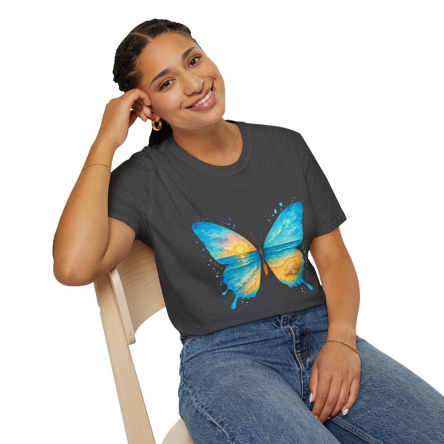 Butterfly Sunset Beach Tee - Scenic Butterfly Graphic Shirt, Nature Lover Gift, Boho Ocean Tee, Unisex Casual T-Shirt